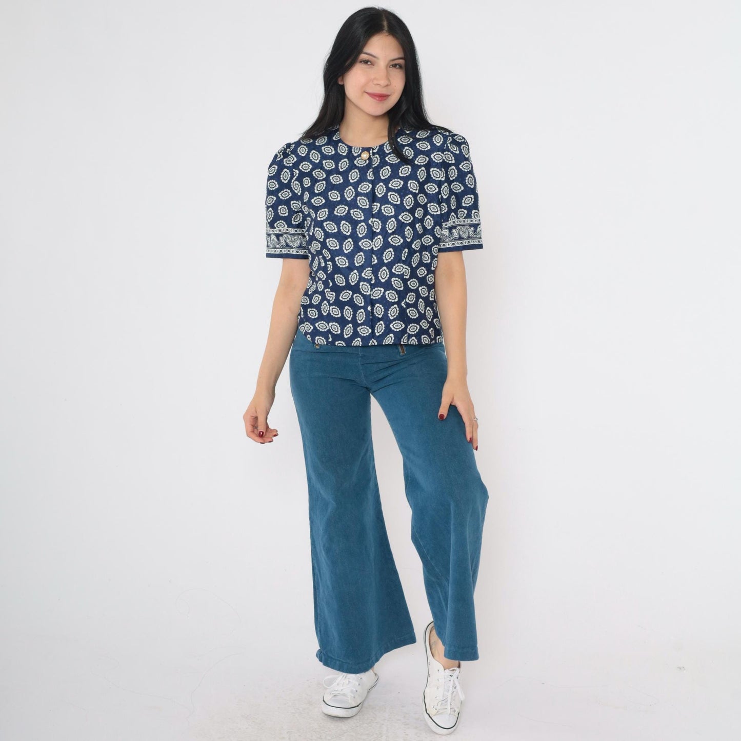 80s Blue Geometric Medallion Puff Sleeve Blouse Pearl Button Small