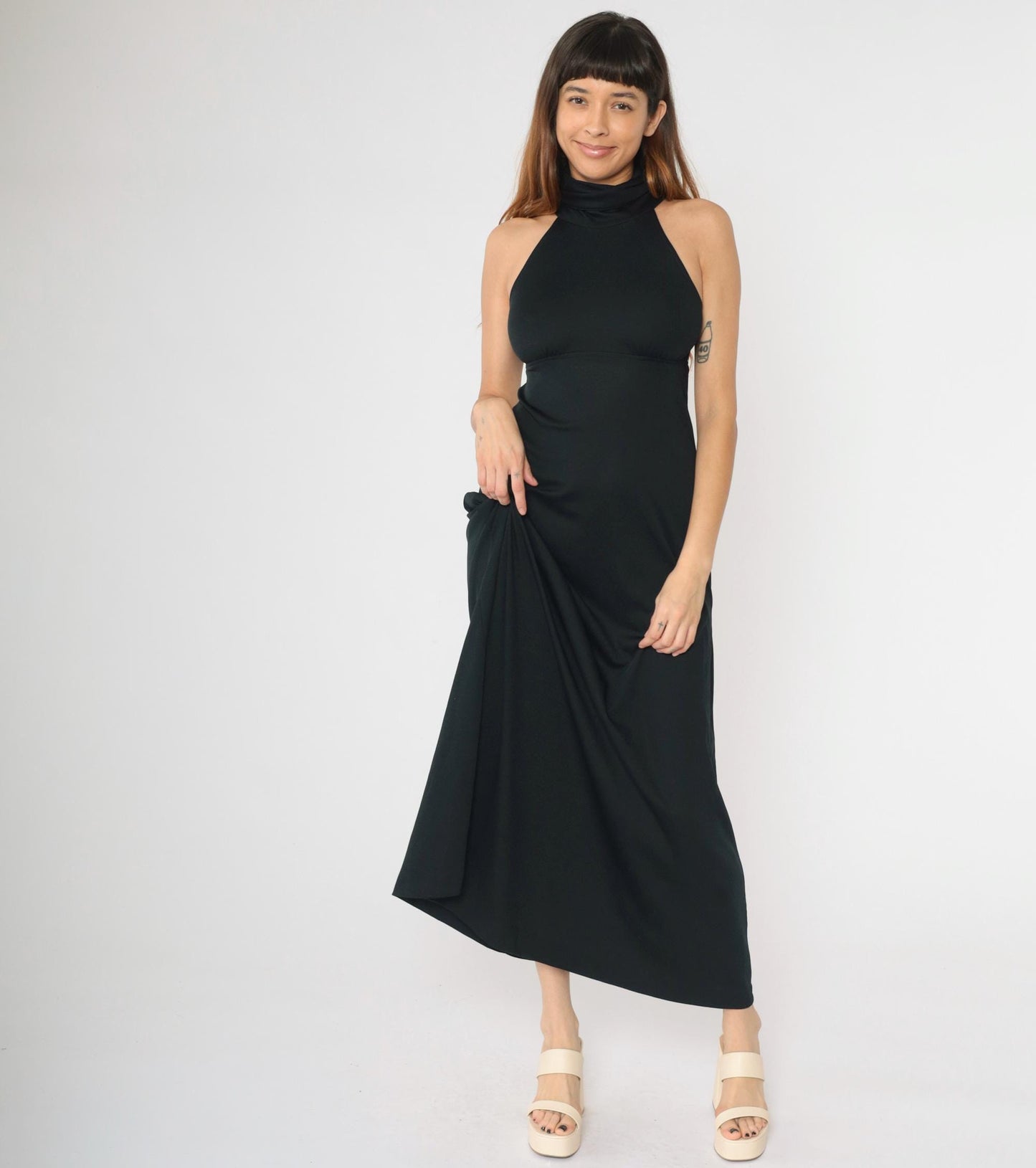 70s Black Maxi Dress Racerback Keyhole Cutout Empire Waist Turtleneck XS
