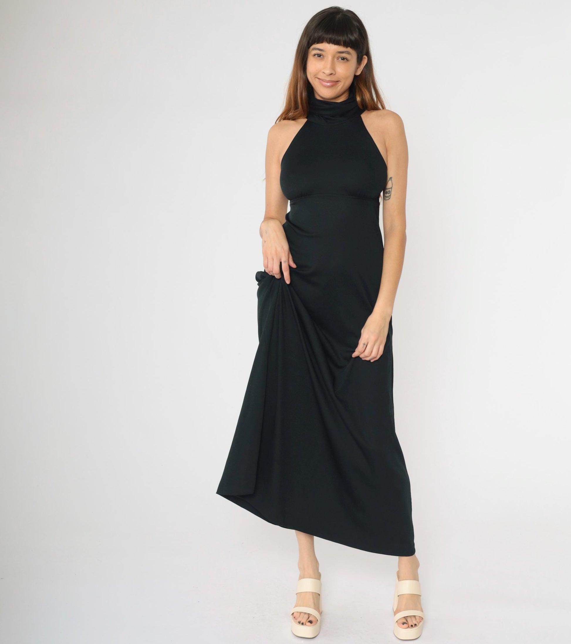70s Black Maxi Dress Racerback Keyhole Cutout Empire Waist Turtleneck XS