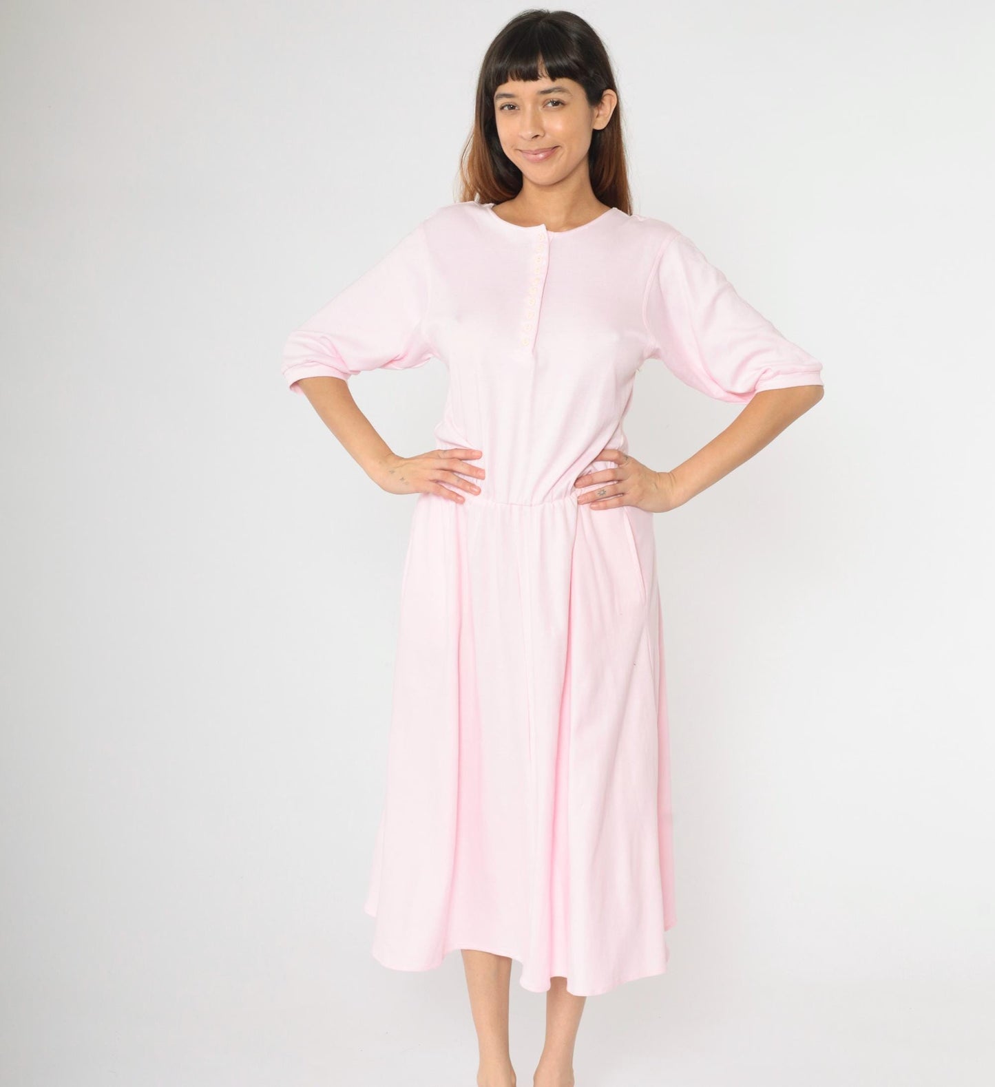 80s Baby Pink Midi Shirtdress Button-Up High Waist Half Sleeve Medium