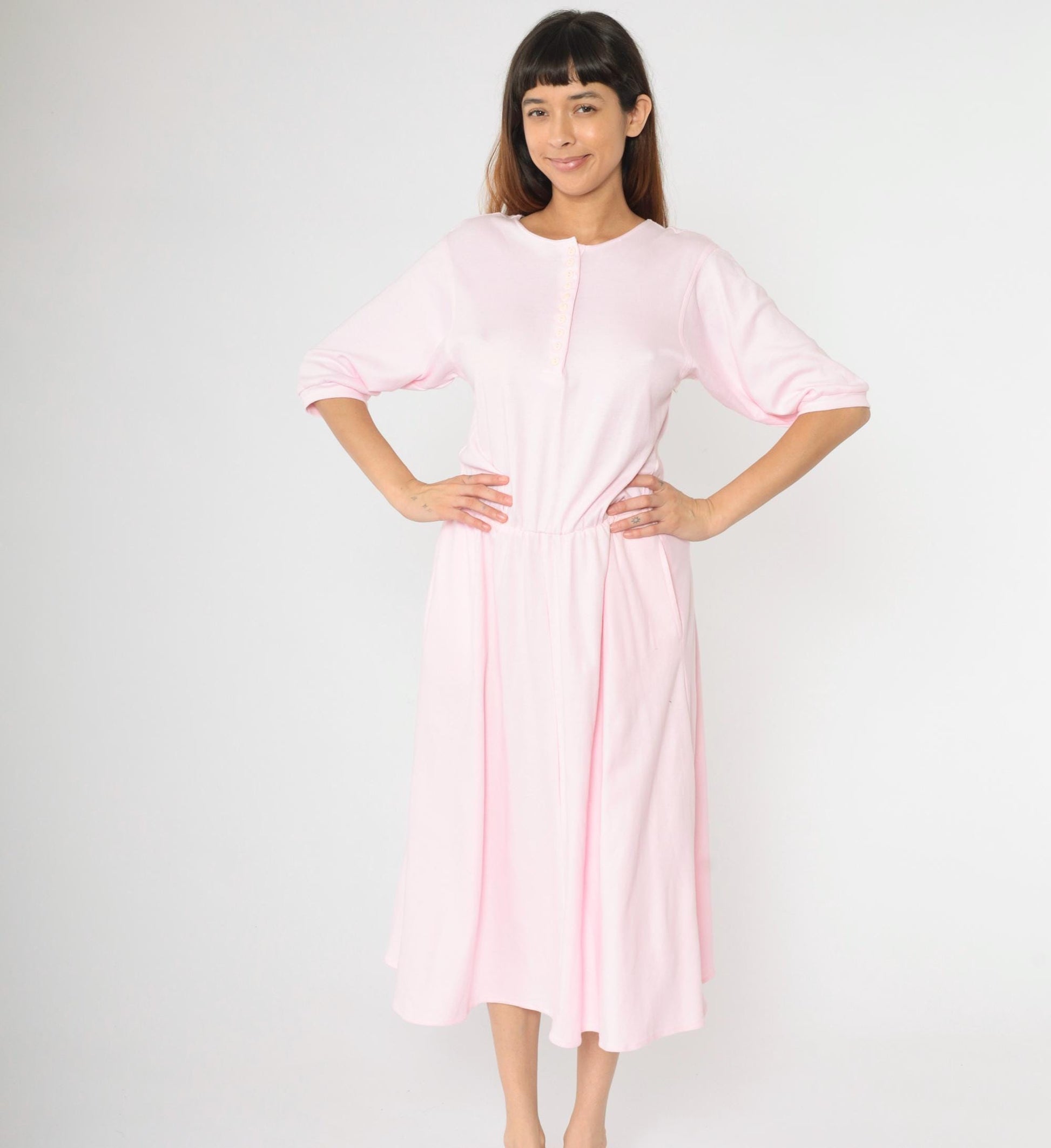 80s Baby Pink Midi Shirtdress Button-Up High Waist Half Sleeve Medium