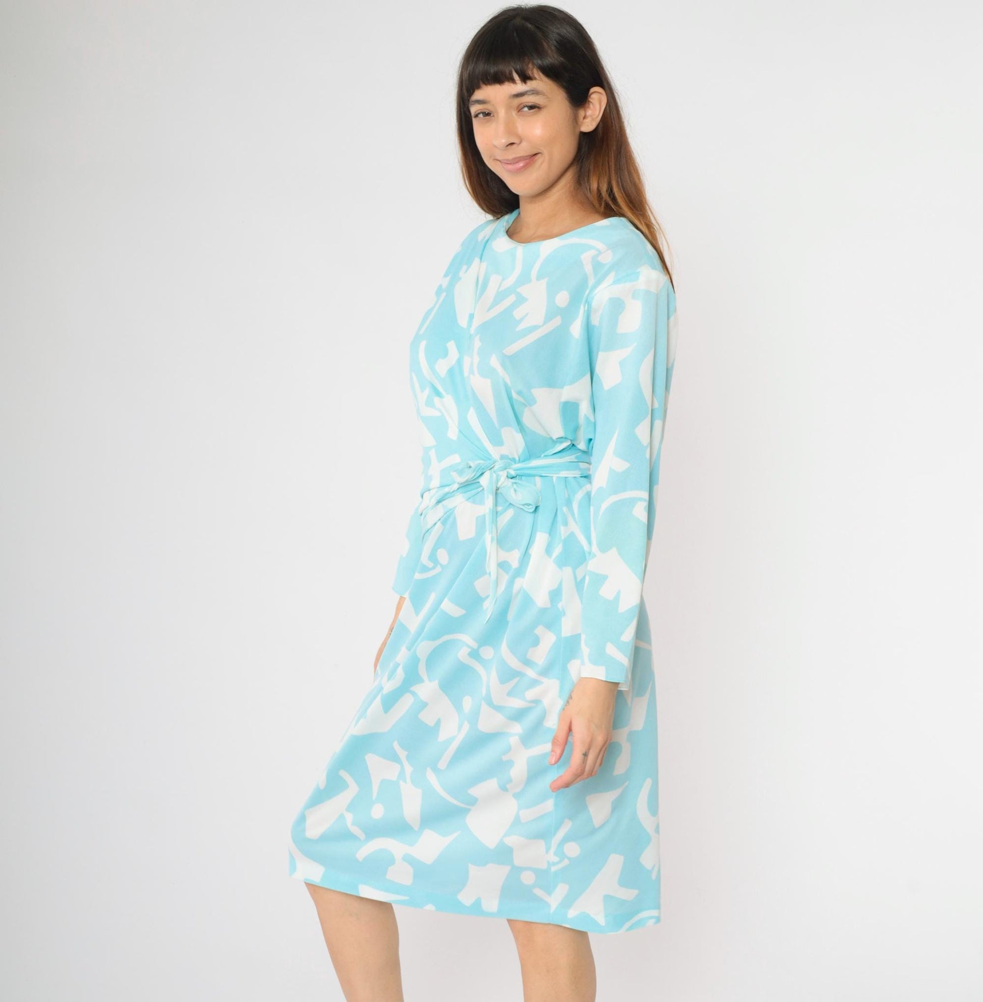 80s Blue White Abstract Geometric Dolman Sleeve Midi Dress Large L