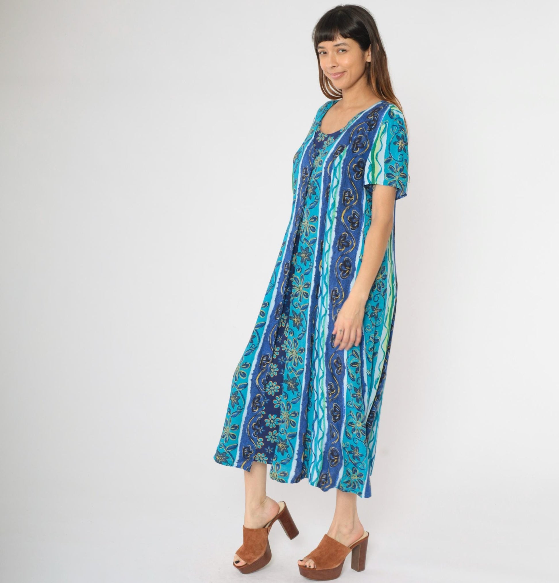 Y2K Blue Striped Floral Button-Up Midi Dress Short Sleeve Ankle Length Size 16