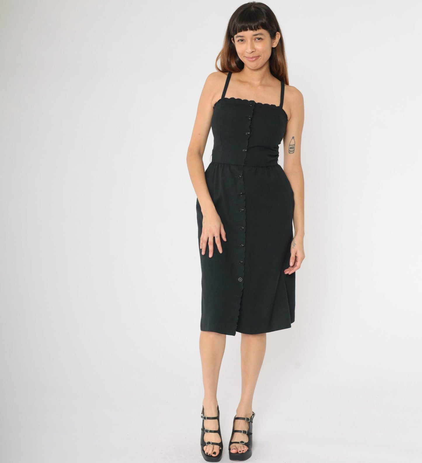 80s Black Midi Sundress Scalloped Neckline Button Front High Waist Spaghetti Strap XS