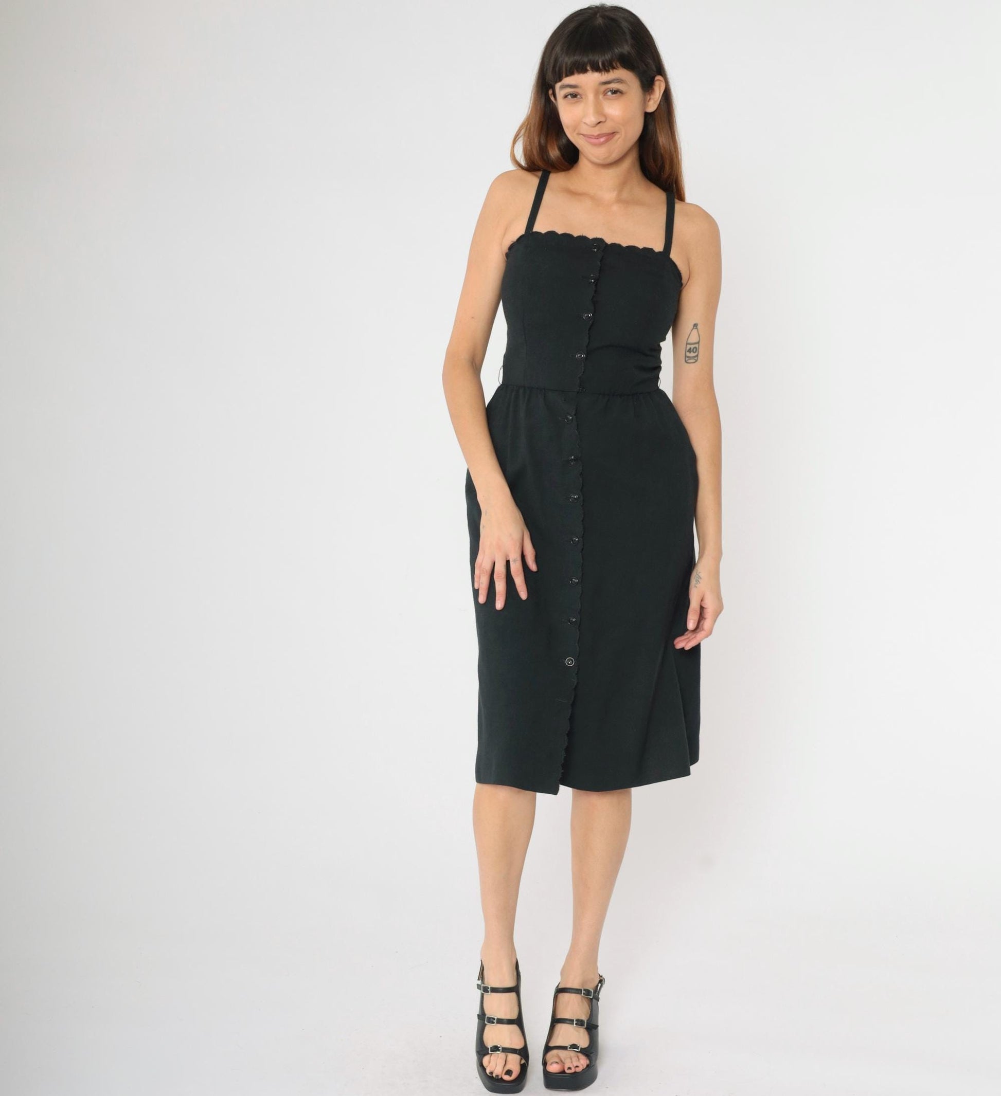 80s Black Midi Sundress Scalloped Neckline Button Front High Waist Spaghetti Strap XS