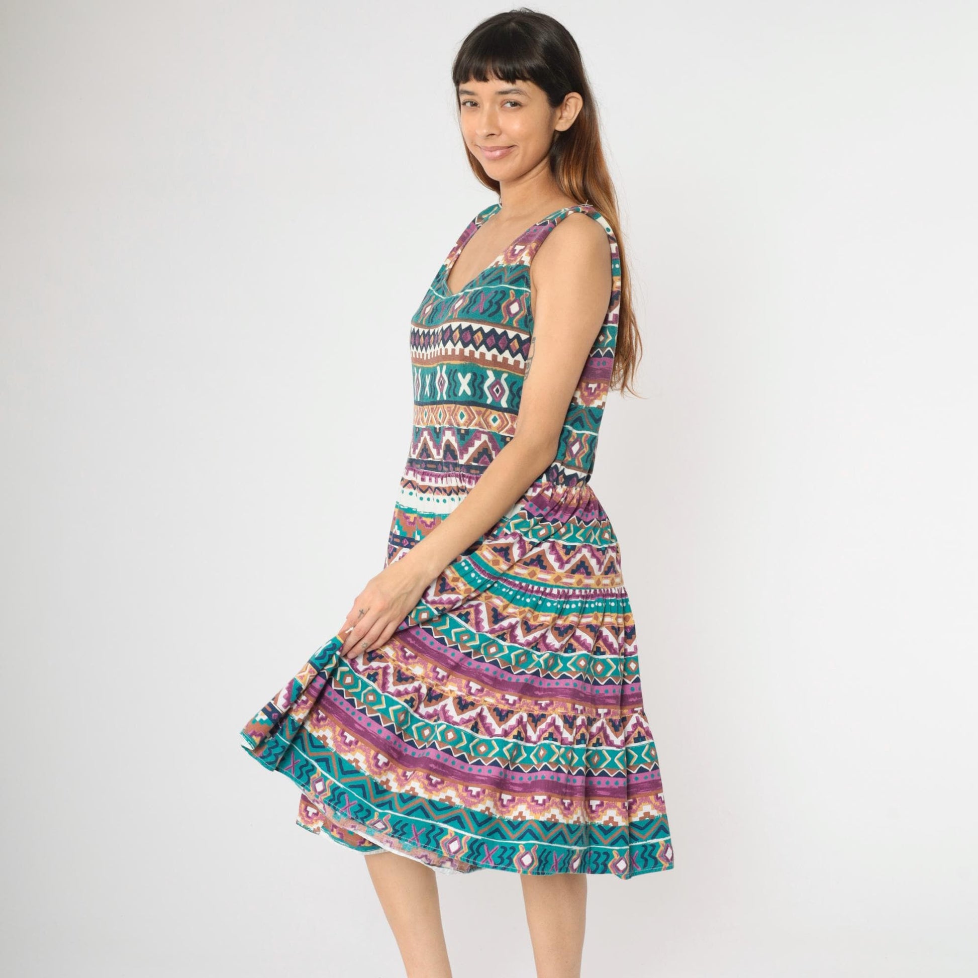 90s Fredericks of Hollywood Southwestern Midi Dress Geometric Patchwork Sleeveless Small