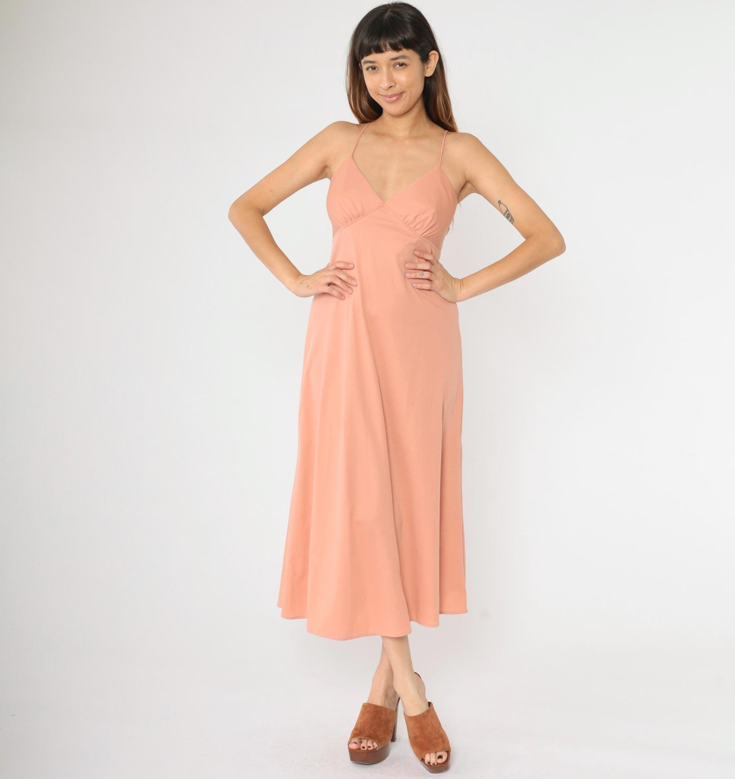 1970s Dusty Pink Empire Waist Maxi Dress V-Neck Spaghetti Strap Small