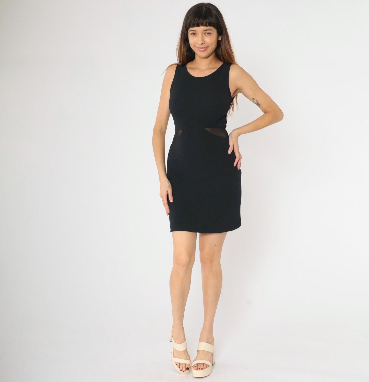 90s Black Bodycon Mini Dress Sheer Mesh Waist Cut Out Sleeveless Small
