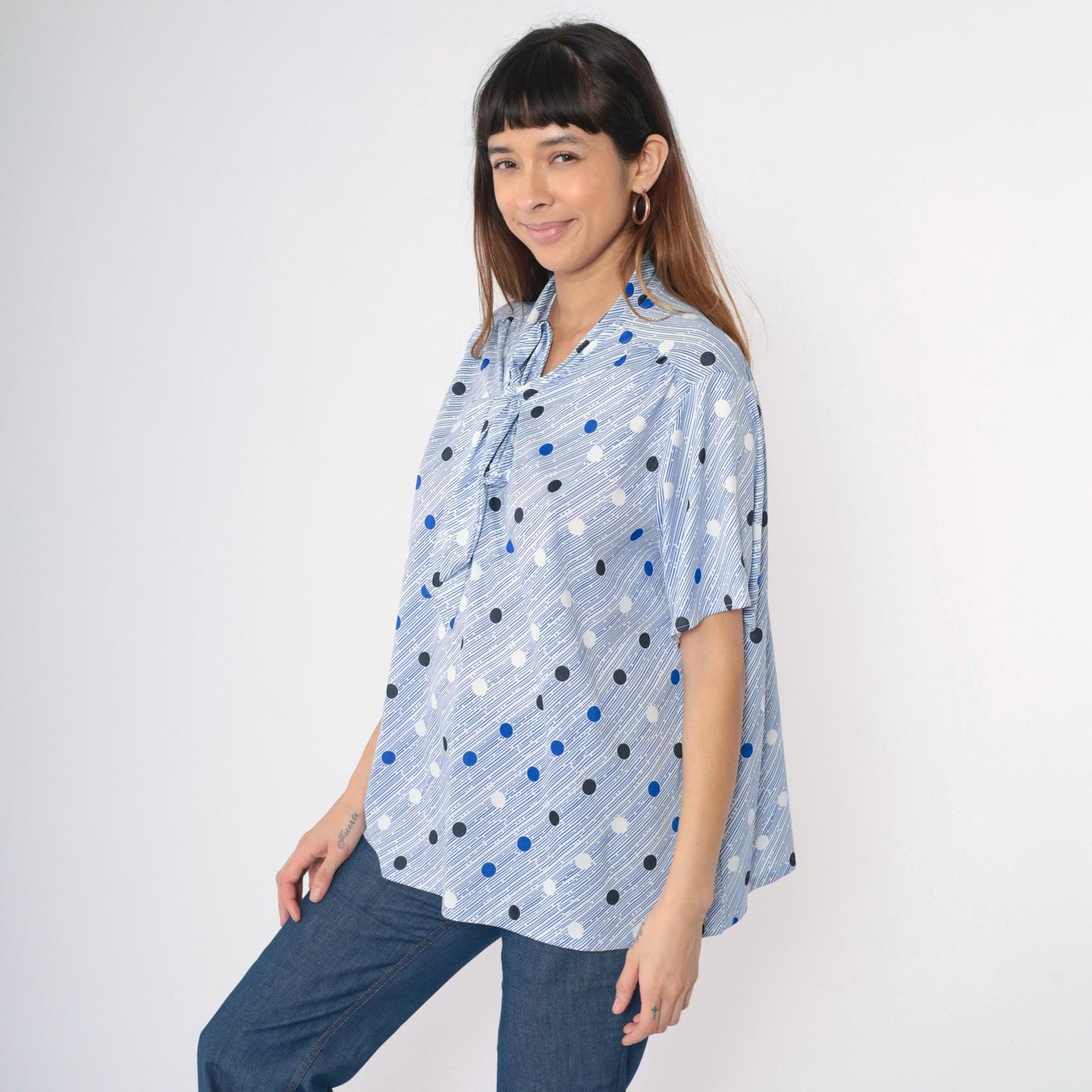 80s Tiger Lily Polka Dot Ascot Blouse Blue White Striped Short Sleeve Extra Large