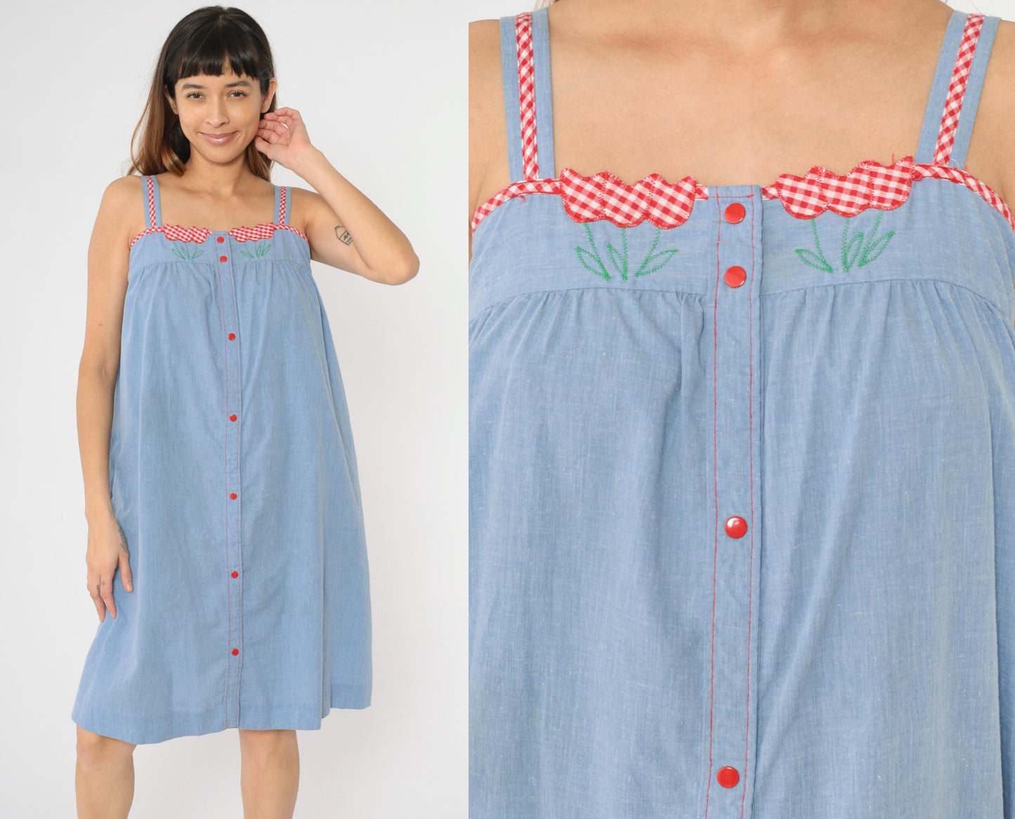 80s Blue Chambray Midi Dress Floral Embroidered Snap Button Sleeveless Small Medium
