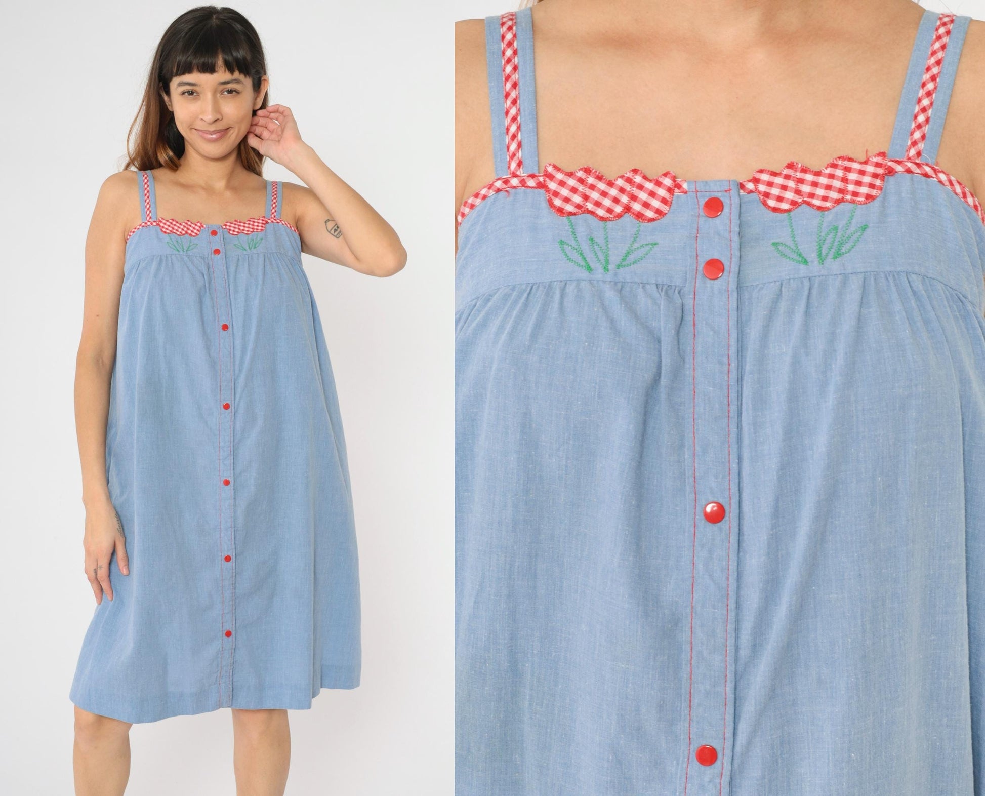 80s Blue Chambray Midi Dress Floral Embroidered Snap Button Sleeveless Small Medium