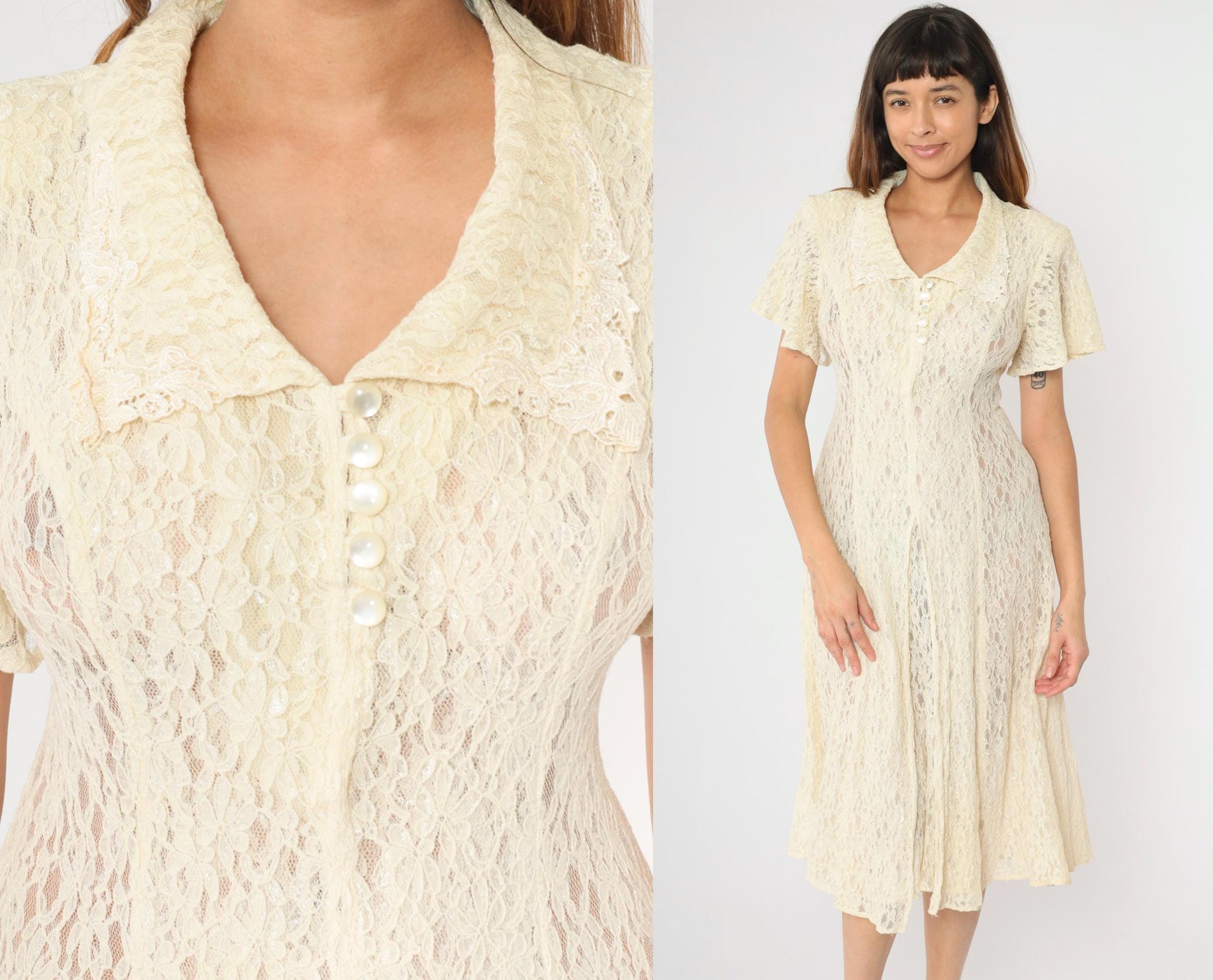 90s Cream Lace Midi Dress Short Sleeve Button Front Sheer Small S