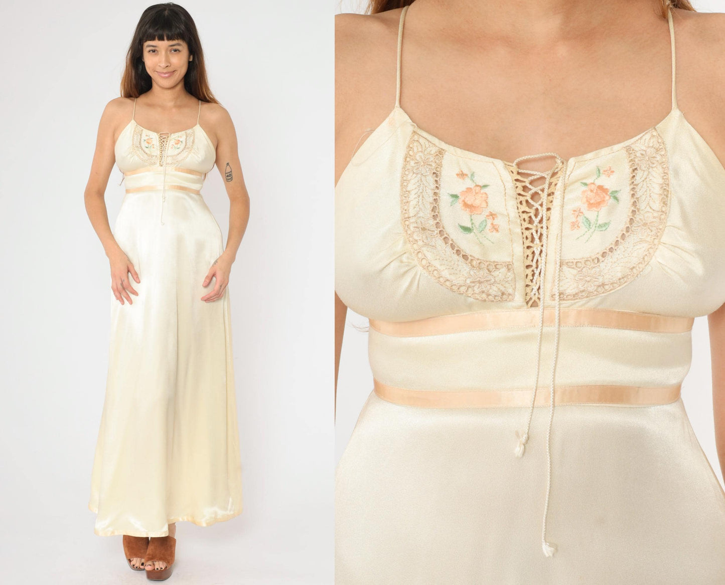 70s Gunne Sax Cream Satin Maxi Dress Floral Embroidered Empire Waist Extra Small