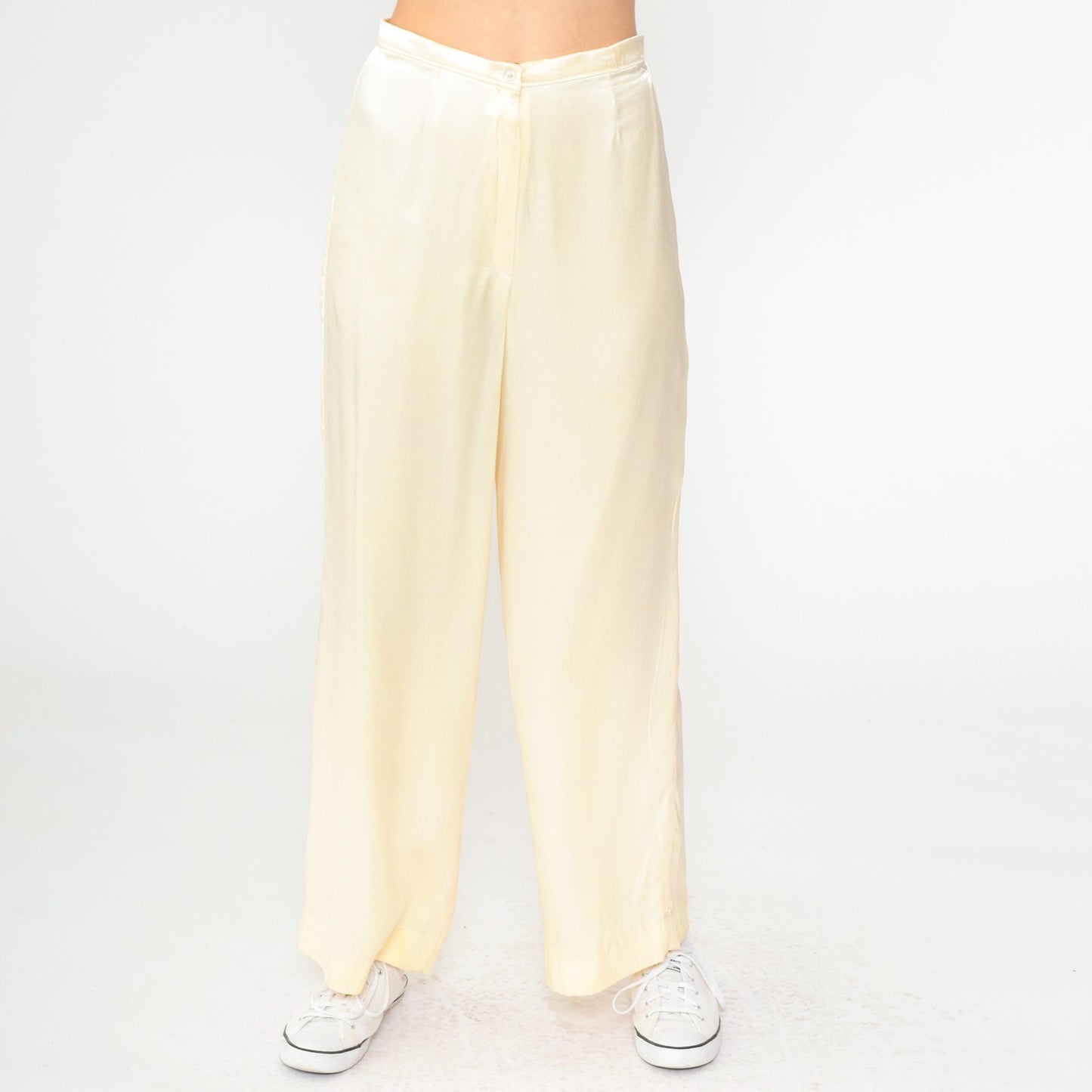 80s Cream Satin High-Rise Wide-Leg Trousers Small S