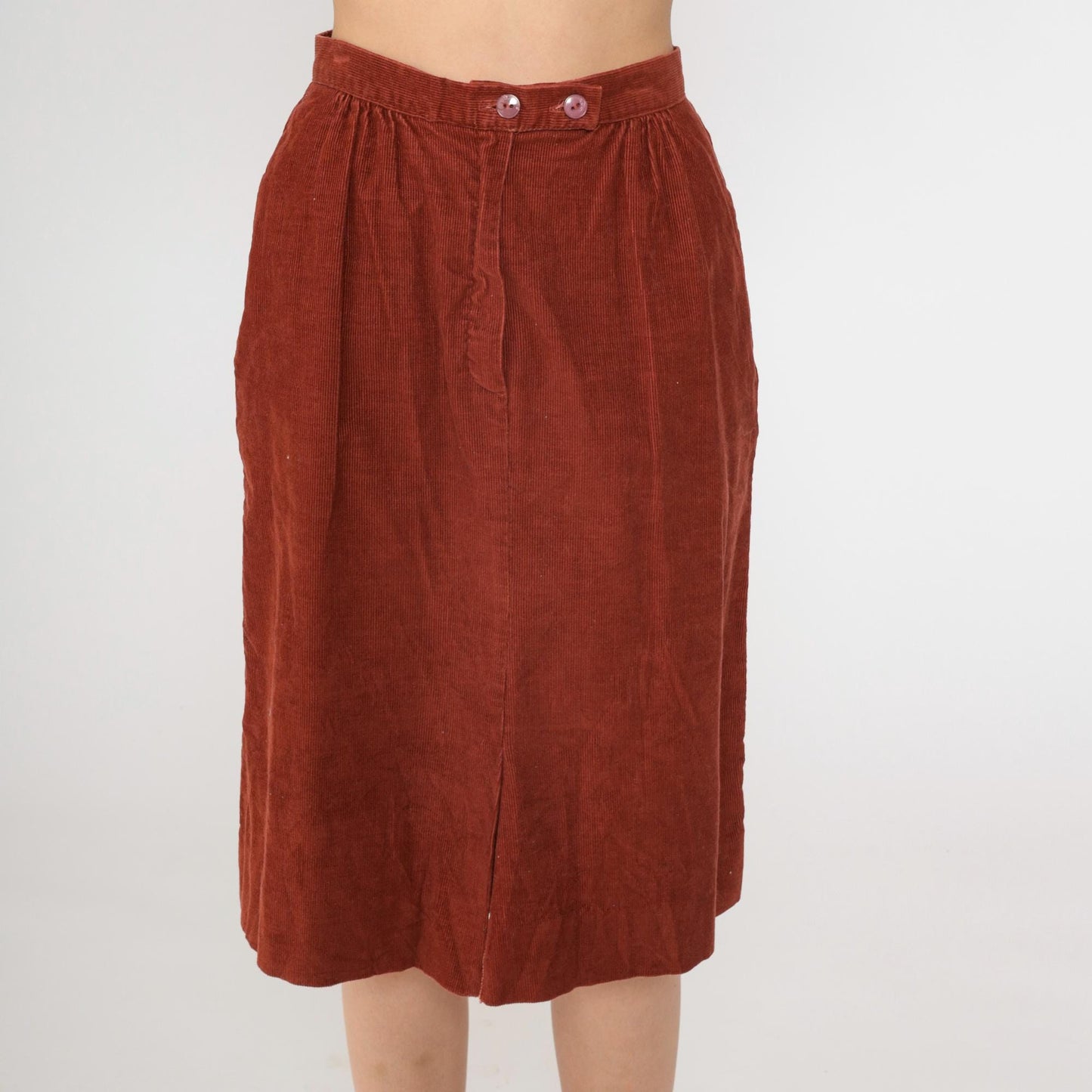 80s Rust Corduroy Midi Skirt High Waist Front Slit Pockets Small