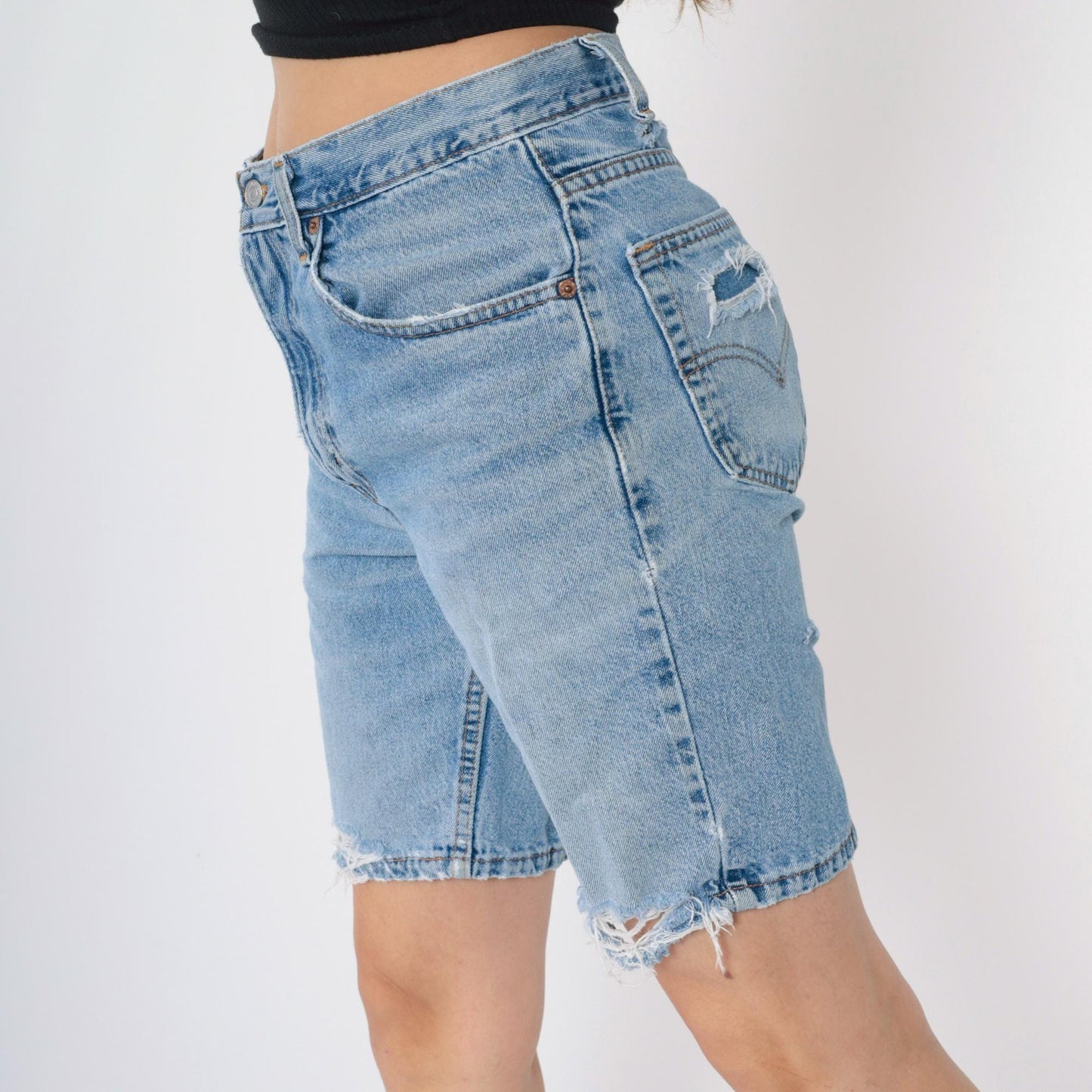 Levi's 505 Y2K Denim Shorts High Rise Distressed Blue Medium 32