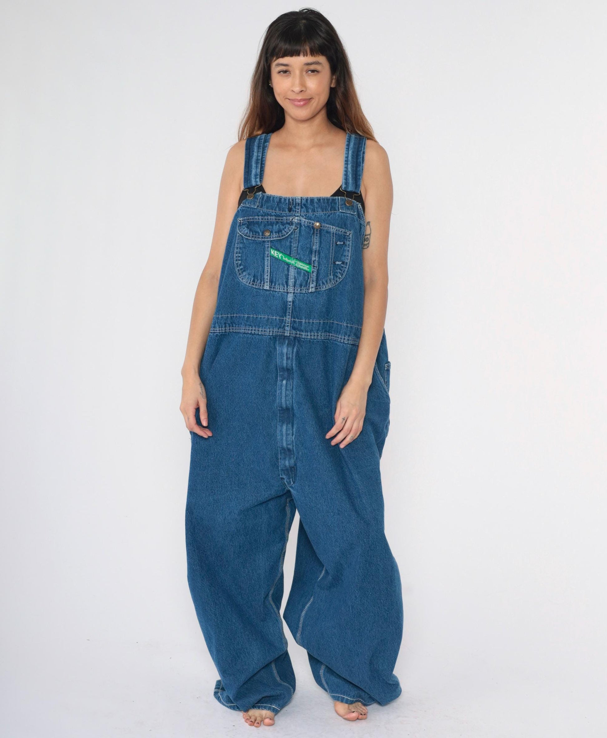 80s Key Imperial Blue Denim Overalls Baggy Carpenter Dungarees Men's 3XL