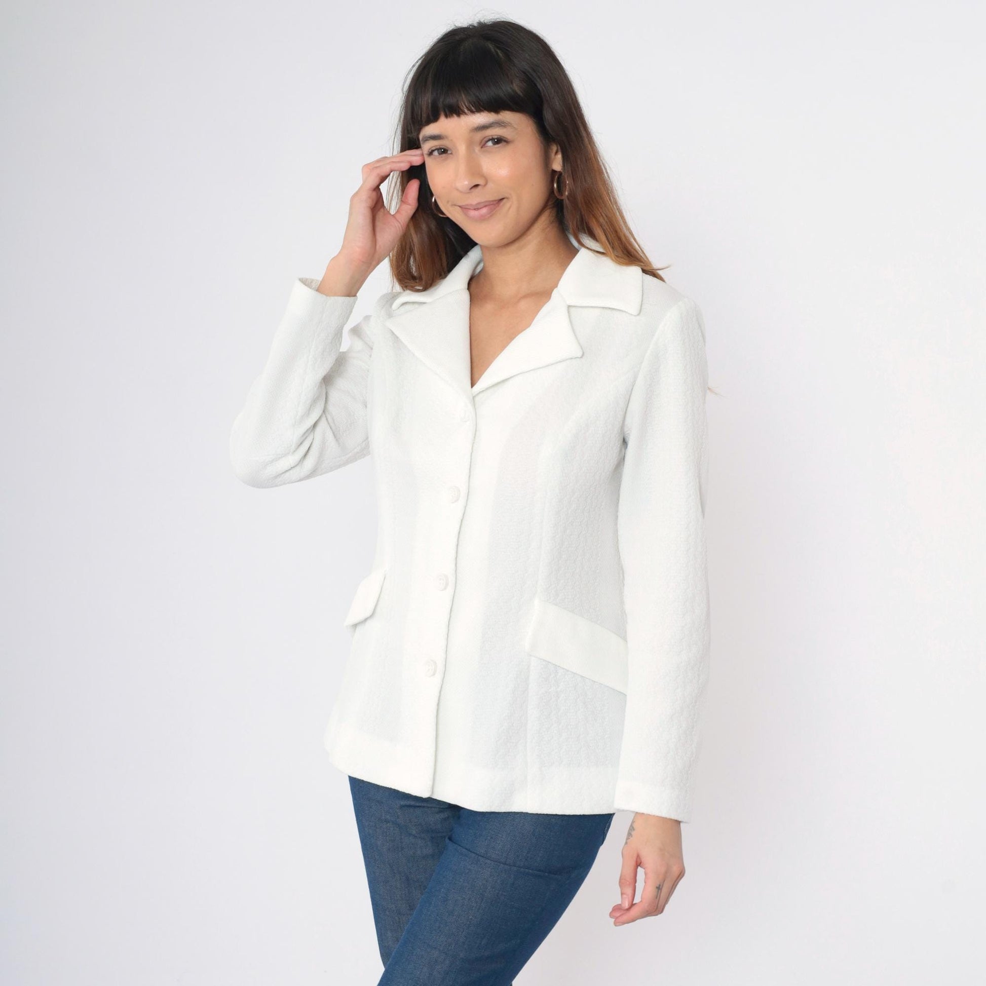 70s White Textured Polyester Blazer Button-Up Jacket Deep V Small