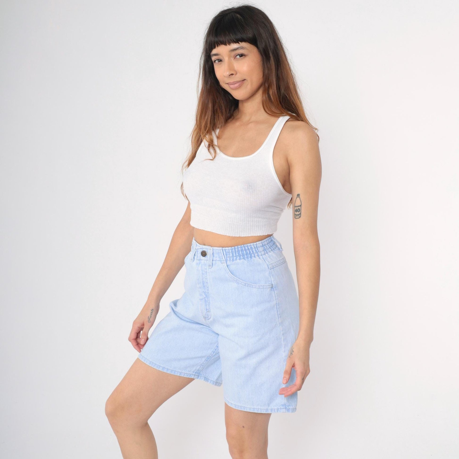 90s Lee Light Blue Denim Shorts High Waist Elastic Smooth Back Small