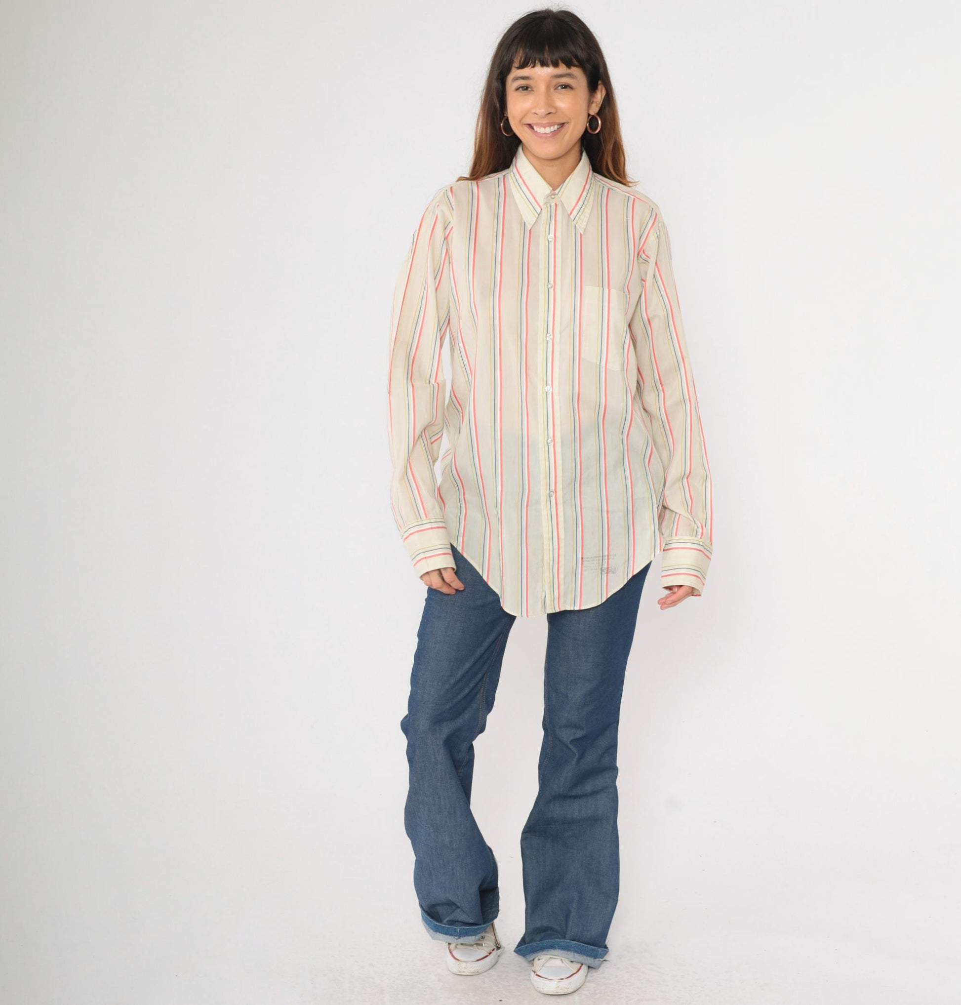 70s Arrow Collar Striped Button-Up Shirt Pointed Collar Coral Yellow Blue Medium