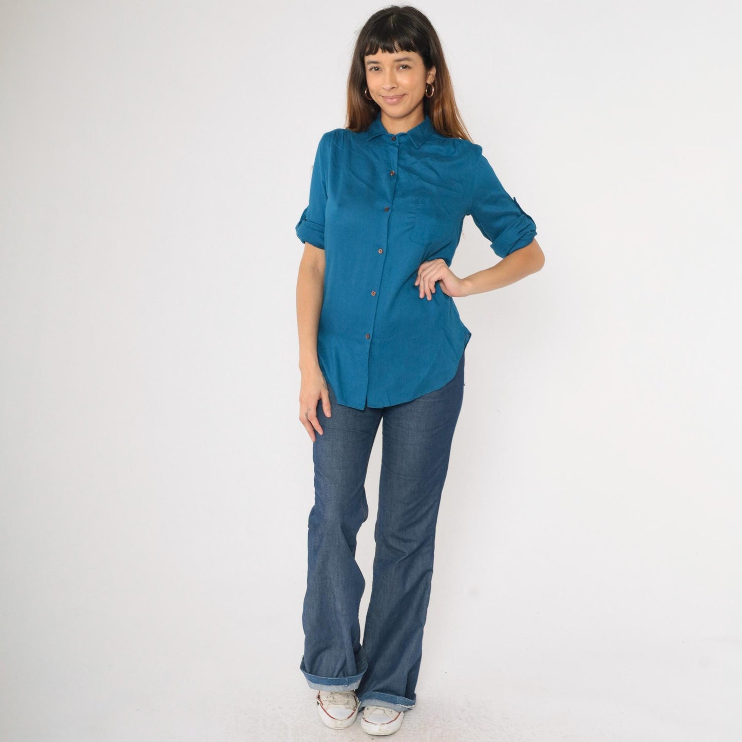 80s Blue Button-Up Blouse Roll Tab Sleeves Chest Pocket Small
