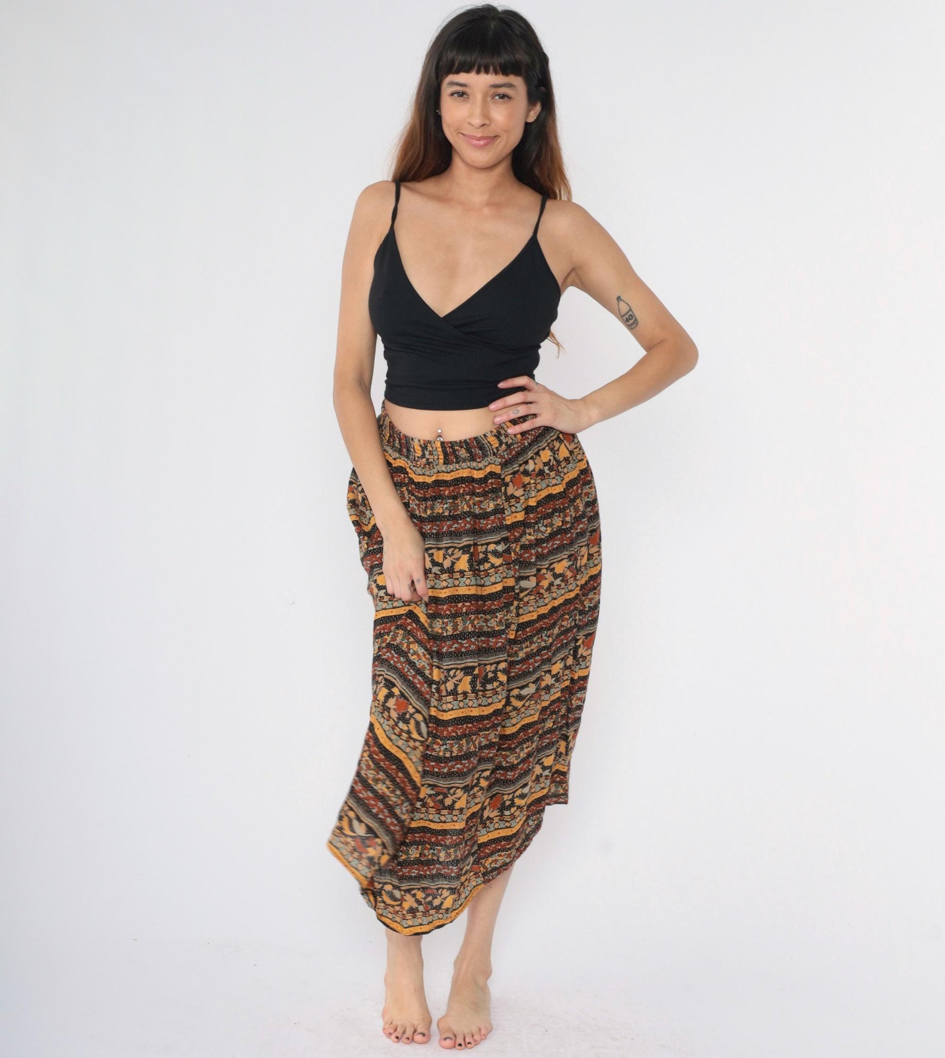 90s Michele Leslie Broomstick Midi Skirt Fall Leaf Print Mustard Orange Medium
