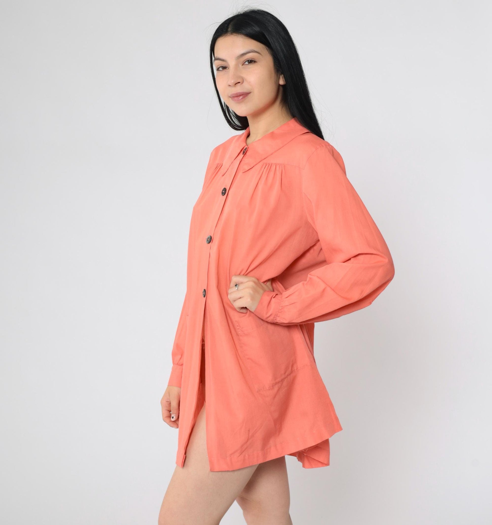 80s Coral Pink Smock Dress Peter Pan Collar Button-Up Shirtdress Small