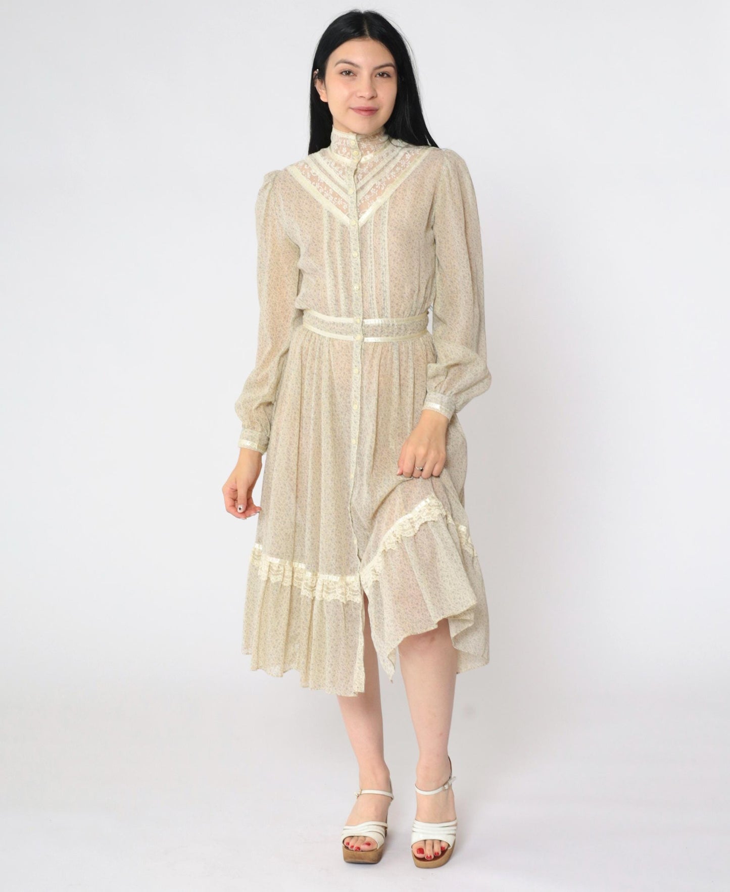 70s Gunne Sax Floral Calico Midi Dress Cream Puff Sleeve Lace Extra Small