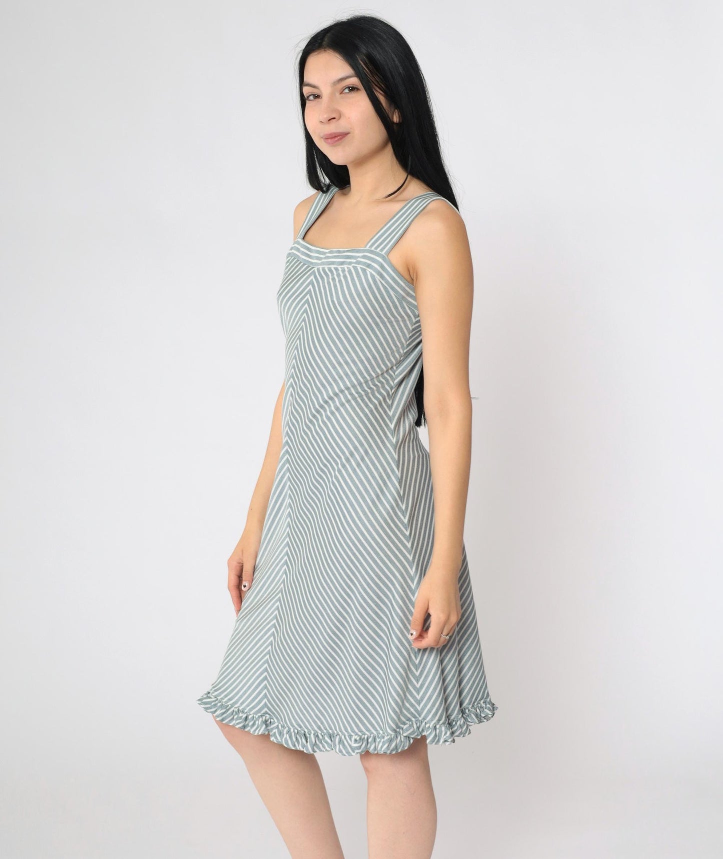 70s Chevron Striped Sundress Silver White Knee-Length Tank Small
