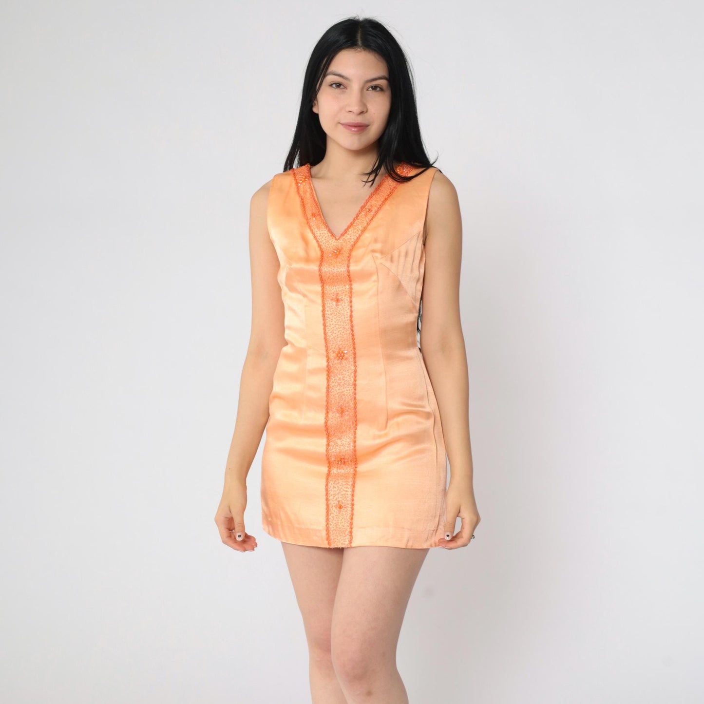 1960s Peach Beaded Sheath Dress Sleeveless V-Neck Mini Extra Small