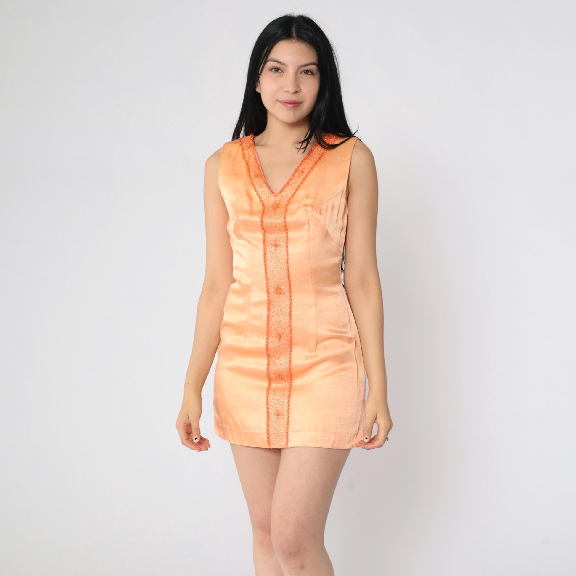 1960s Peach Beaded Sheath Dress Sleeveless V-Neck Mini Extra Small