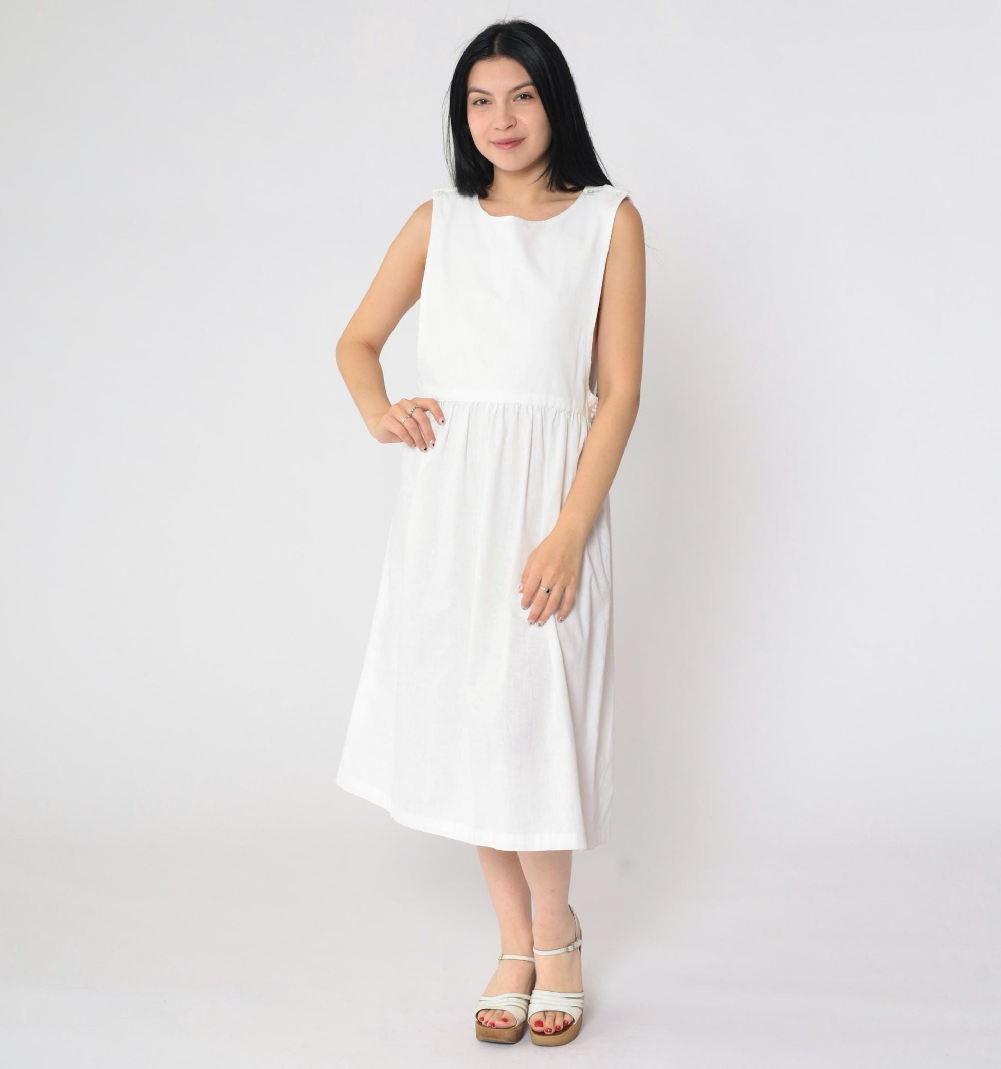 80s White Pinafore Midi Dress High Waist Low Armhole Sleeveless Medium