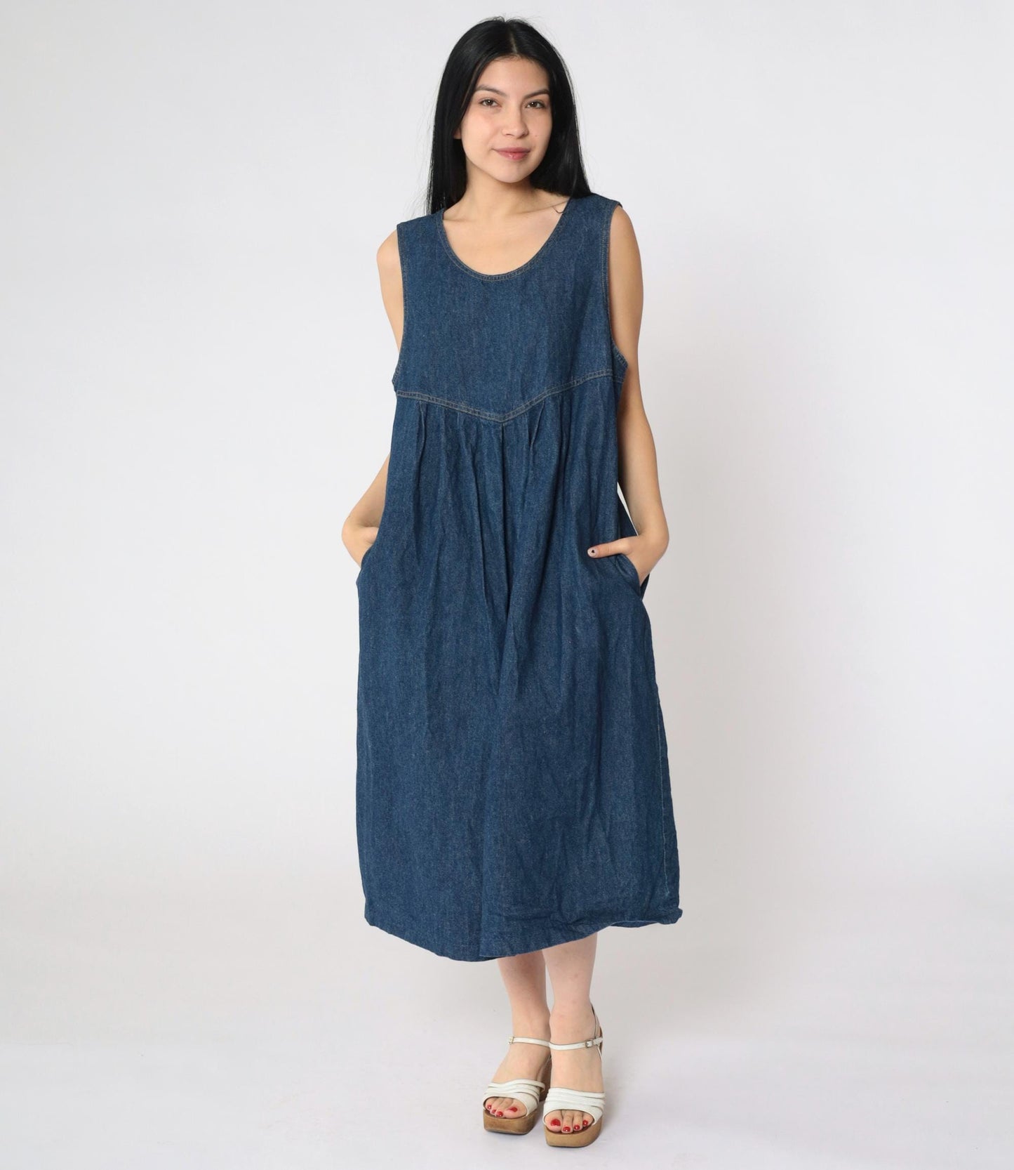 90s Dividends Maternity Denim Midi Dress Dark Blue Pleated High Waist Medium M