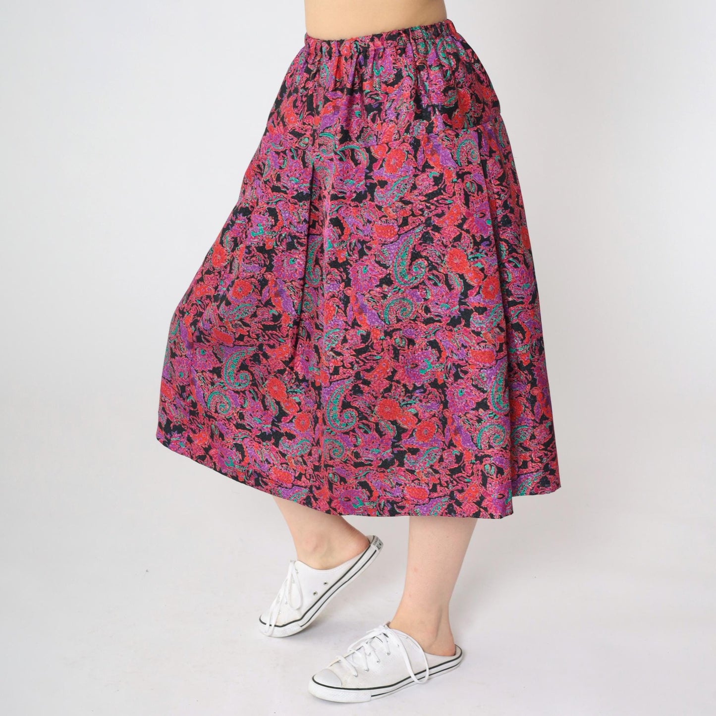 80s Paisley Floral Jacquard A-Line Midi Skirt Red Purple Elastic Waist Small Medium