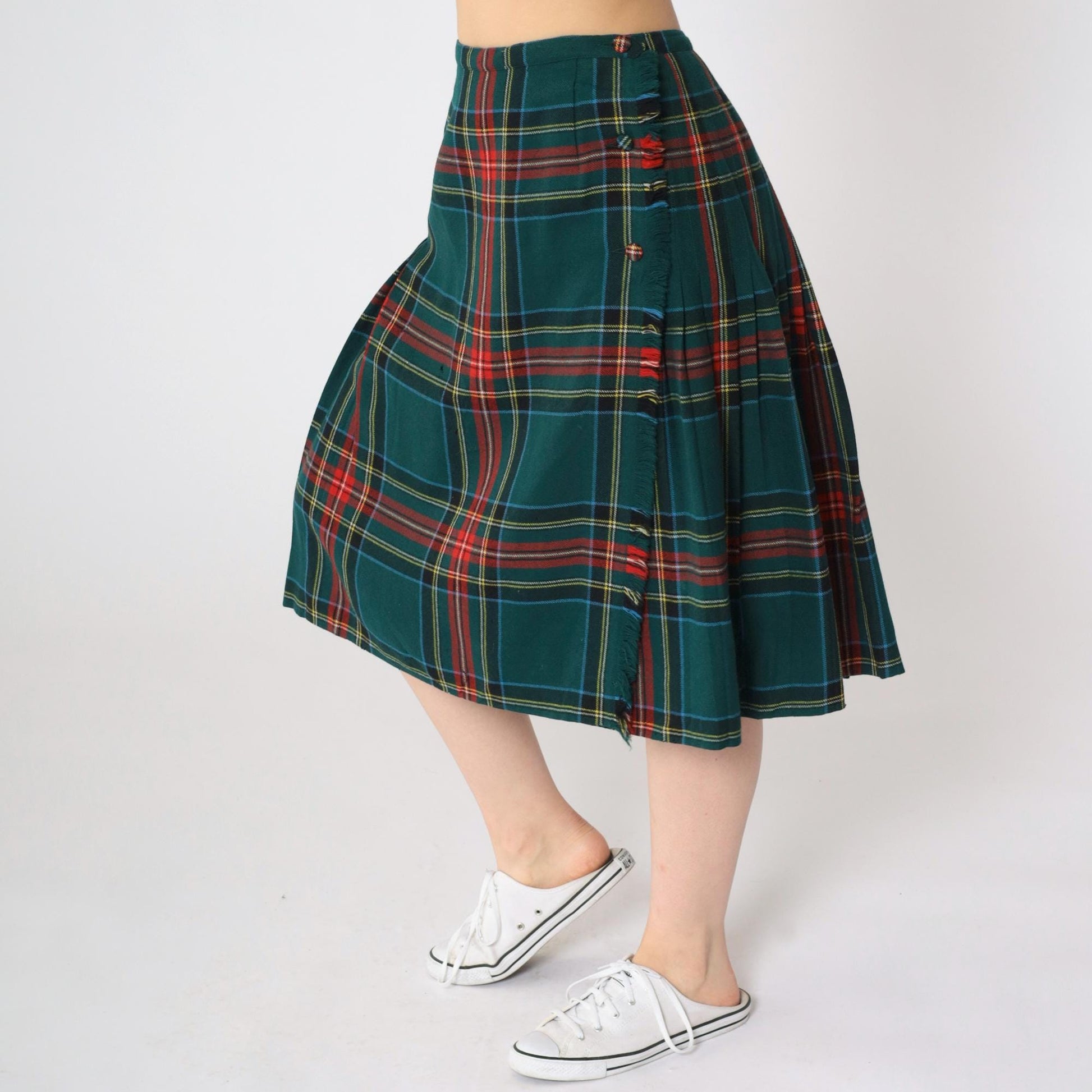 70s Green Plaid Wool Midi Skirt High Waisted Pleated Small S