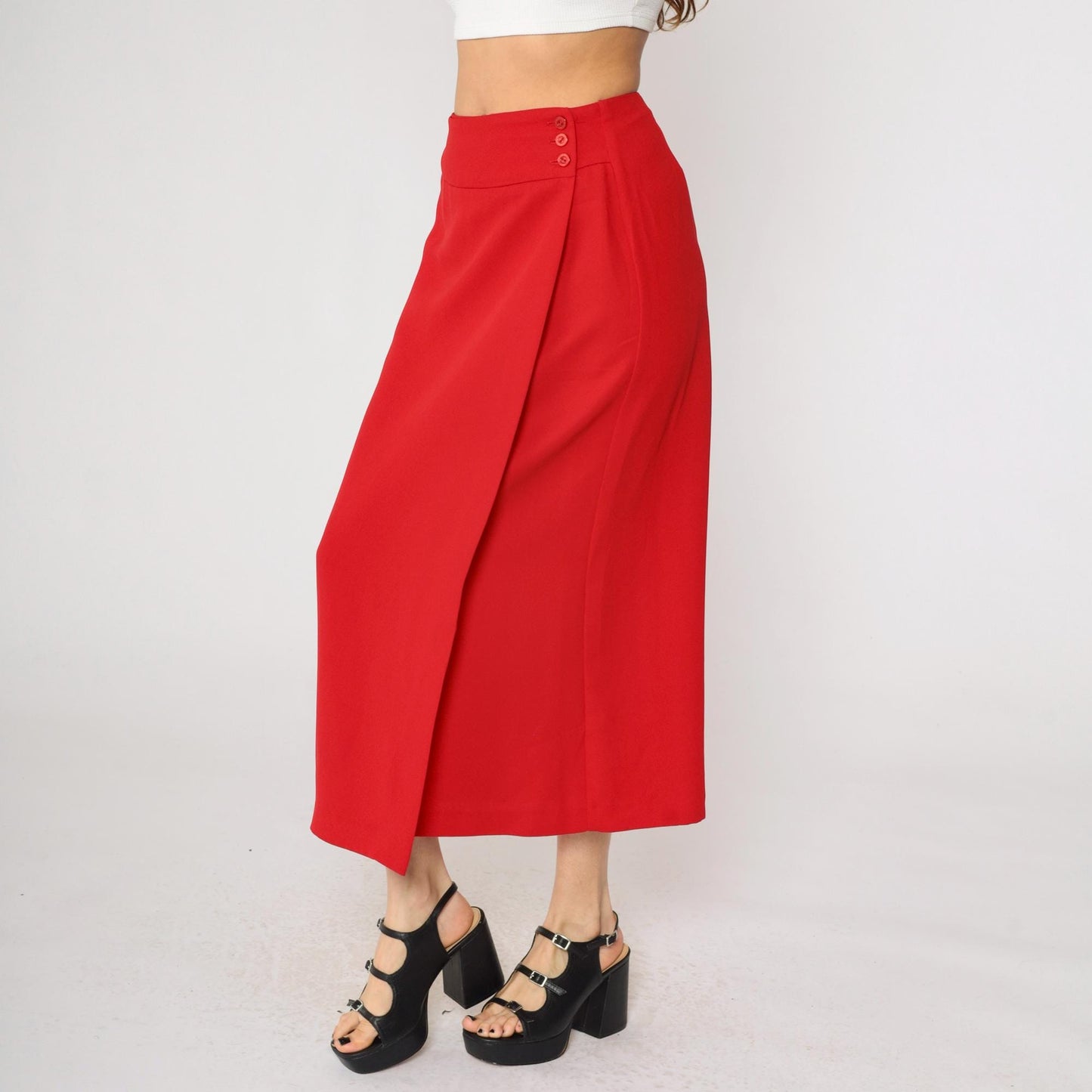90s Red Faux Wrap Skirt High Waist Straight Midi Ankle Length Medium 8