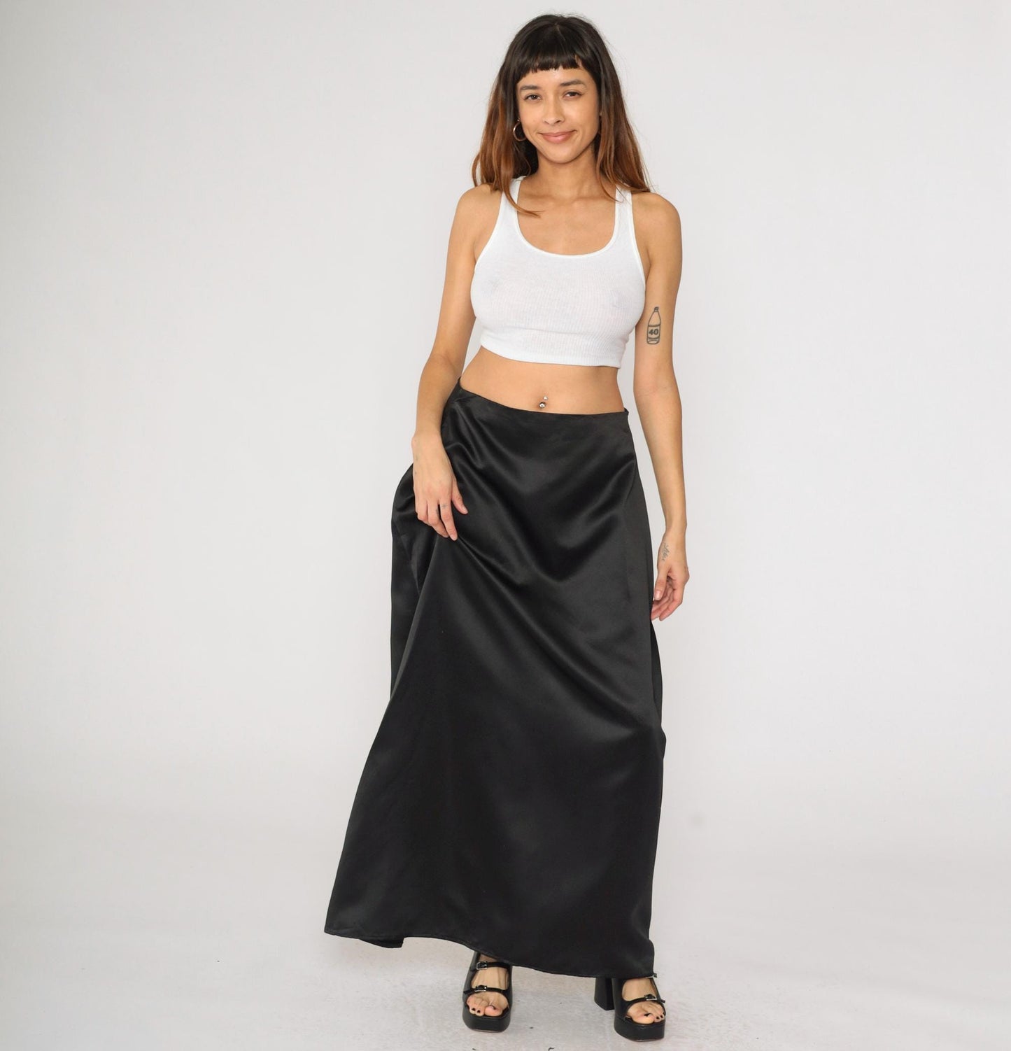 Black Satin Maxi Skirt High Waisted A-Line Column Southeastern Performance Apparel Size 14