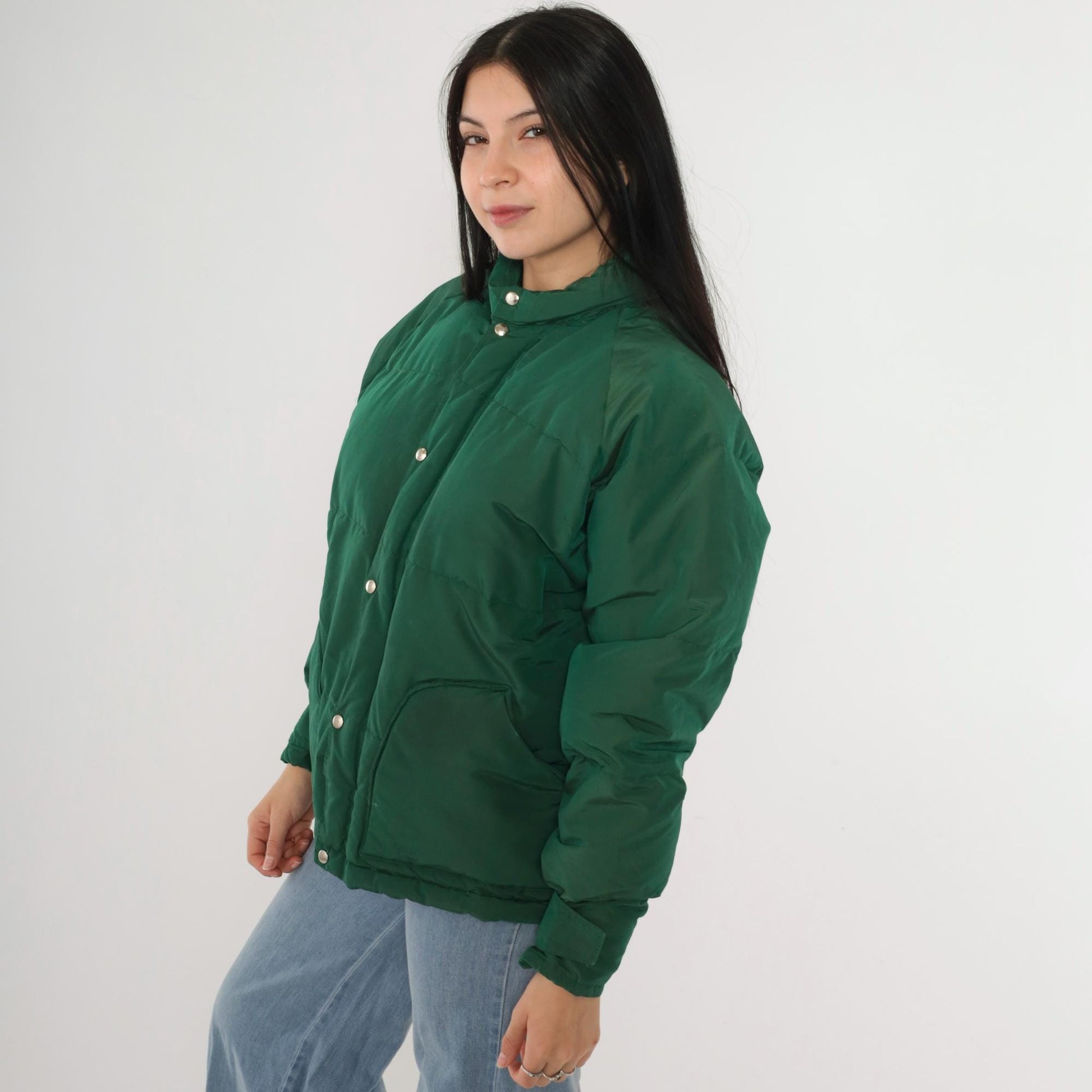 80s Green Down Puffer Jacket Nylon Ski Coat Snap Front Large L