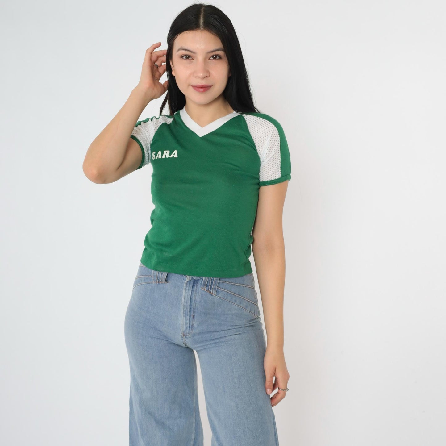 80s Lucky Leprechauns Sara Green Mesh Raglan V-Neck Ringer Tee 2XS