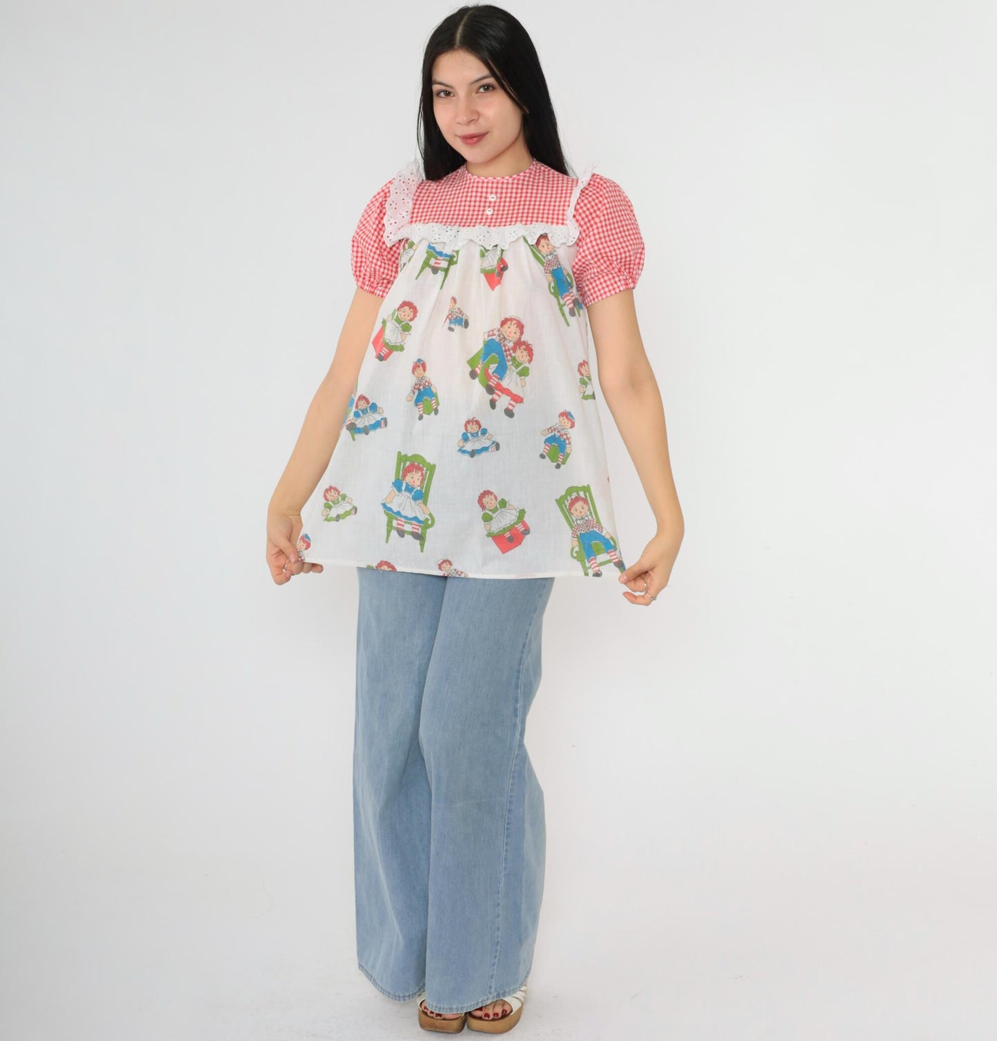 70s Raggedy Ann Pajama Shirt White Red Gingham Eyelet Puff Sleeve XXS