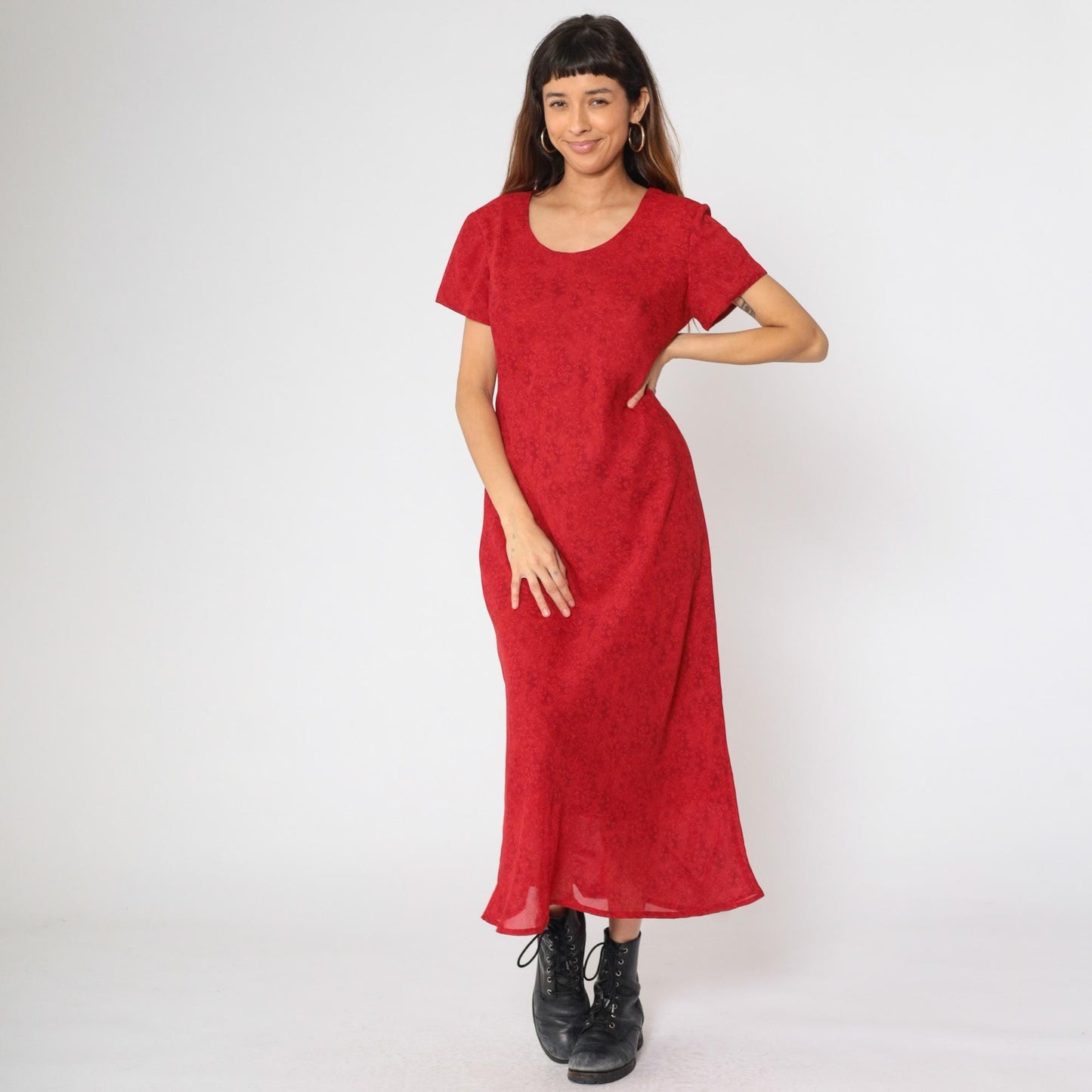 90s Jessica Howard Red Floral Maxi Dress Shift Scoop Neck Short Sleeve Large