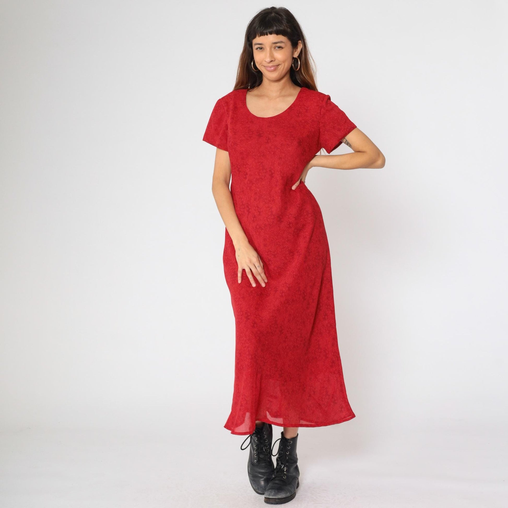 90s Jessica Howard Red Floral Maxi Dress Shift Scoop Neck Short Sleeve Large