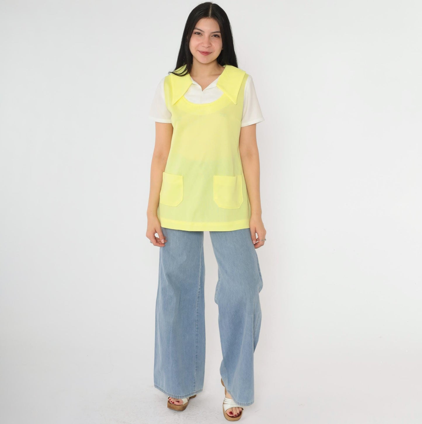 1960s Mod Yellow Pointed Collar Blouse Short Sleeve Layered Vest Pocket Top Medium M