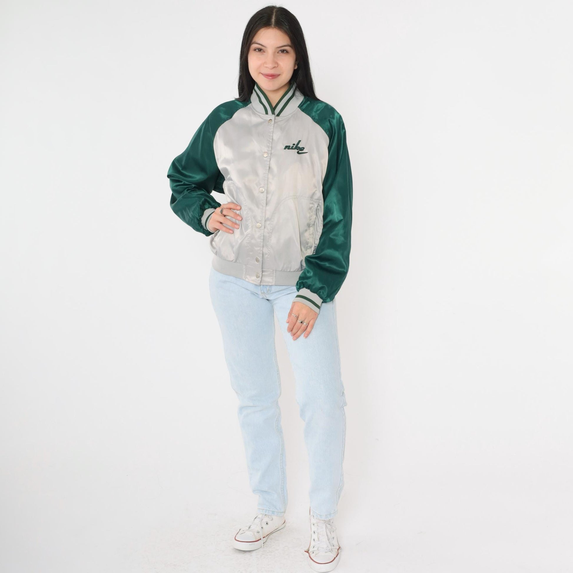 Y2K Nike Silver Satin Bomber Jacket Green Raglan Sleeve Small