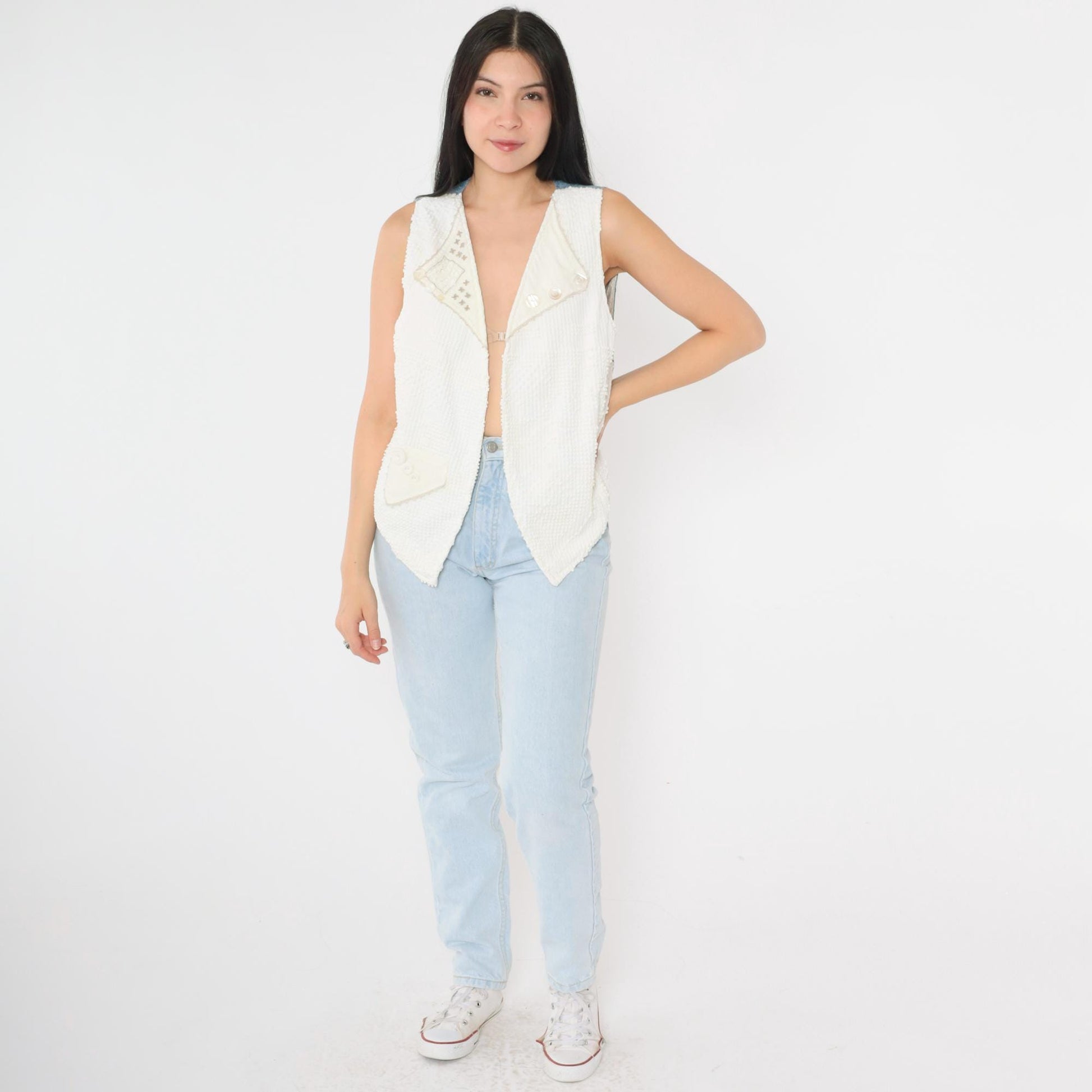 90s Reversible Vest White Nubby Texture Floral Chambray Denim Medium M
