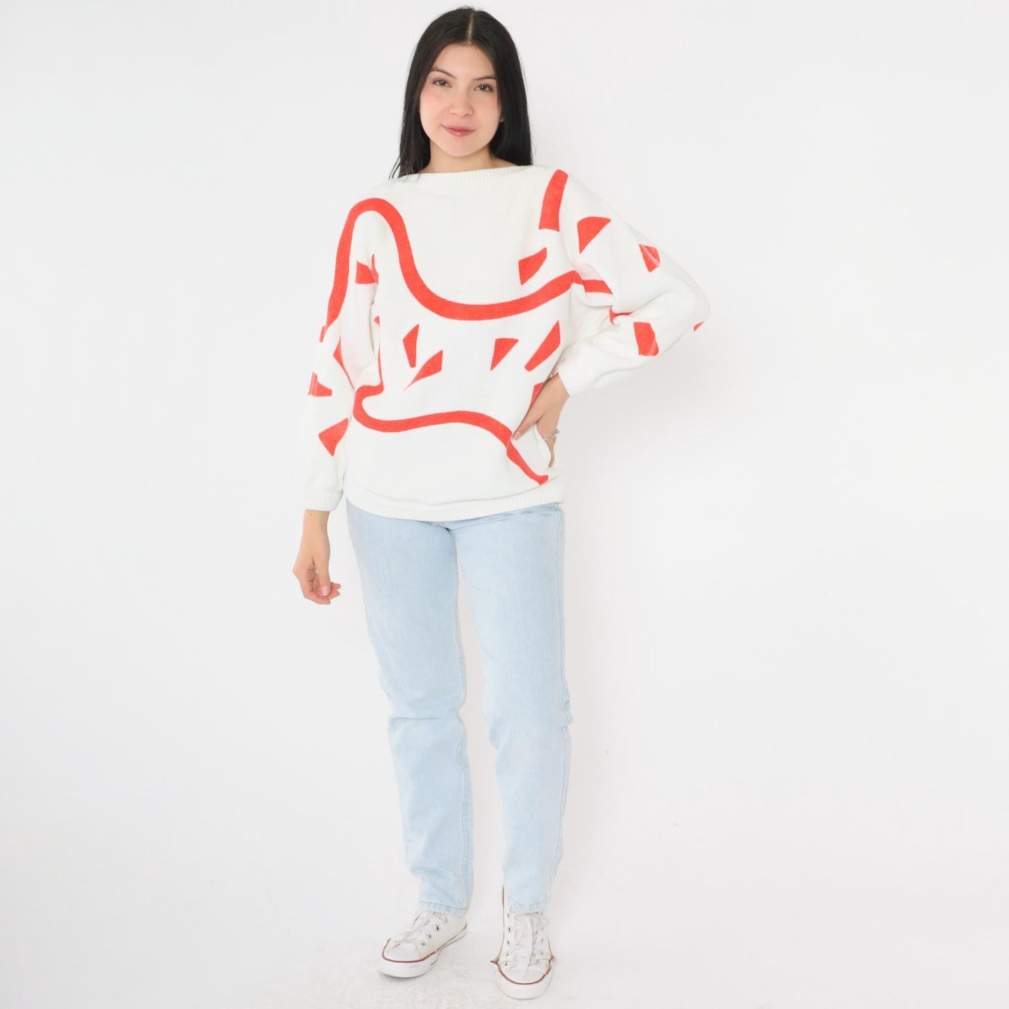 80s Richard & Co. Cotton Sweater Red Abstract Geometric Print Boatneck Small S