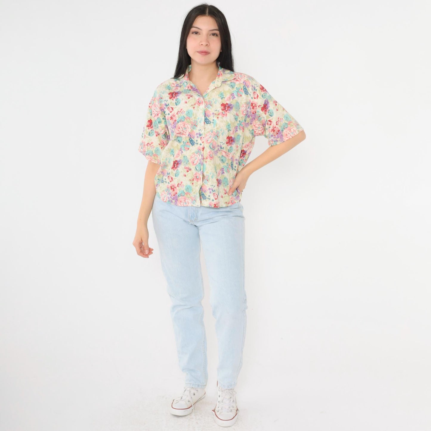 90s Judy Knapp Floral Button Up Blouse Pearl Cluster Off-White Pink Blue Small