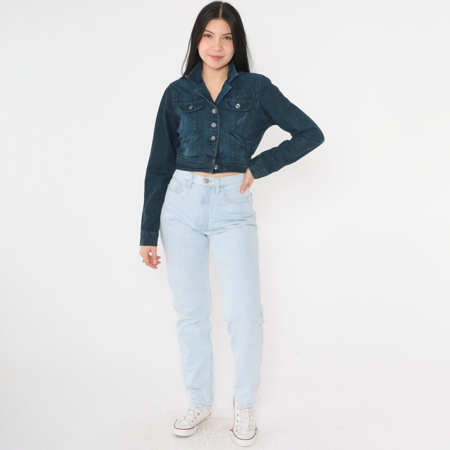 L.E.I. Cropped Dark Denim Jacket Y2K Button Front Fitted Small