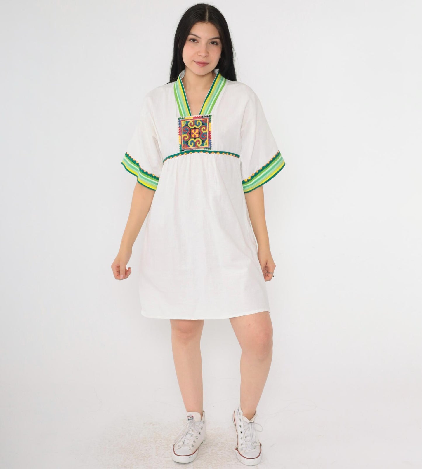 Y2K White Cotton Babydoll Dress Geometric Embroidery Empire Waist Small S