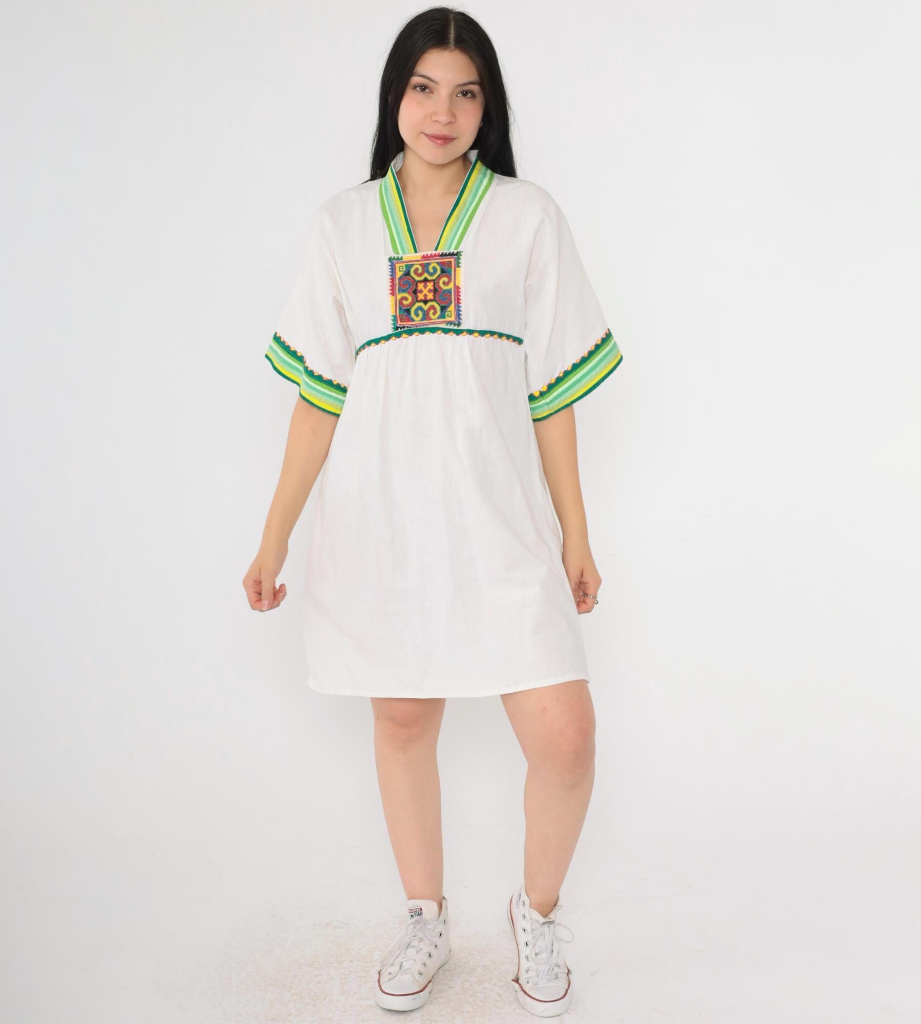 Y2K White Cotton Babydoll Dress Geometric Embroidery Empire Waist Small S